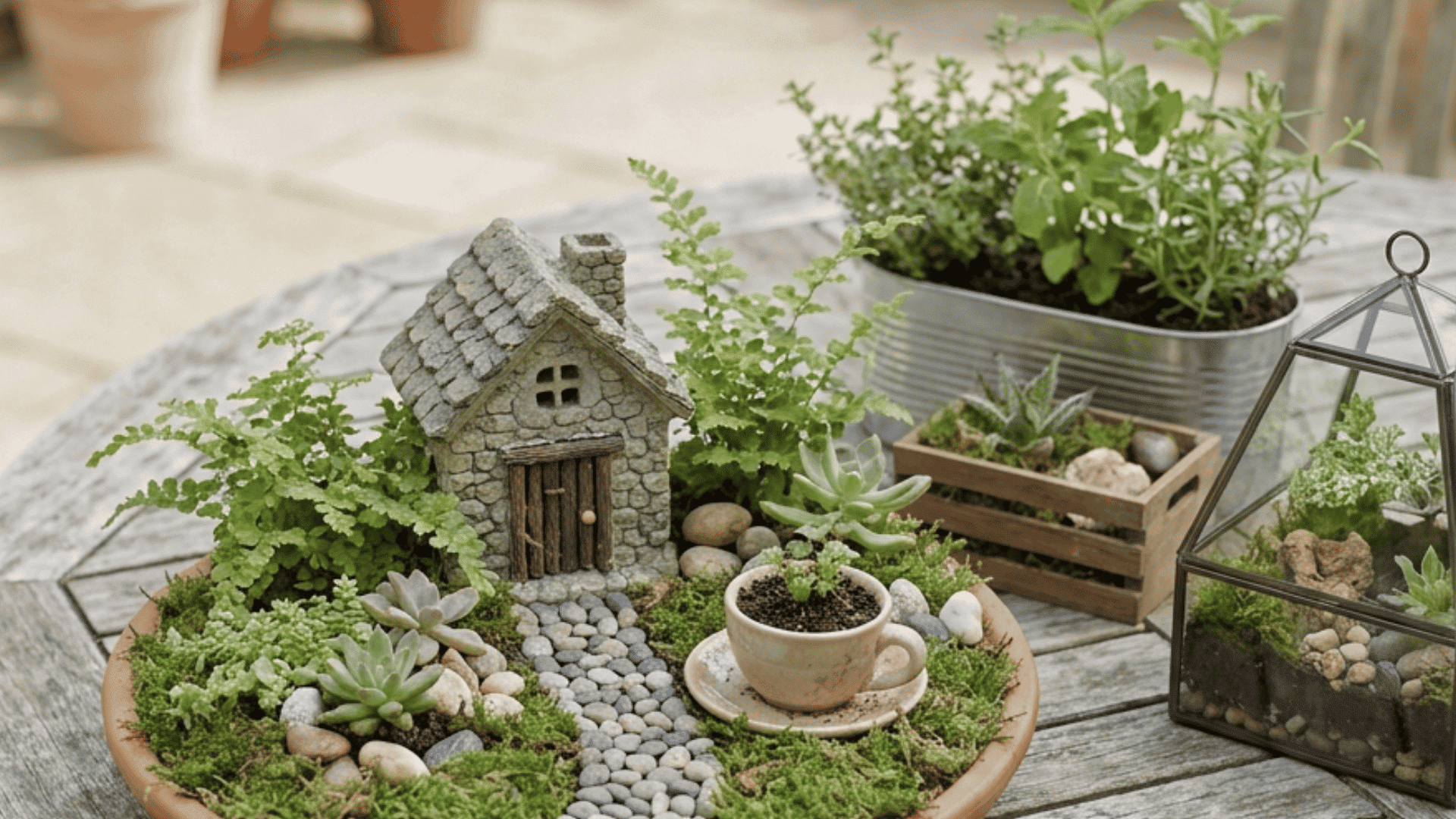 small-fairy-garden-containers-with-moss-plants-paths-and-tiny-houses-on-a-garden-table
