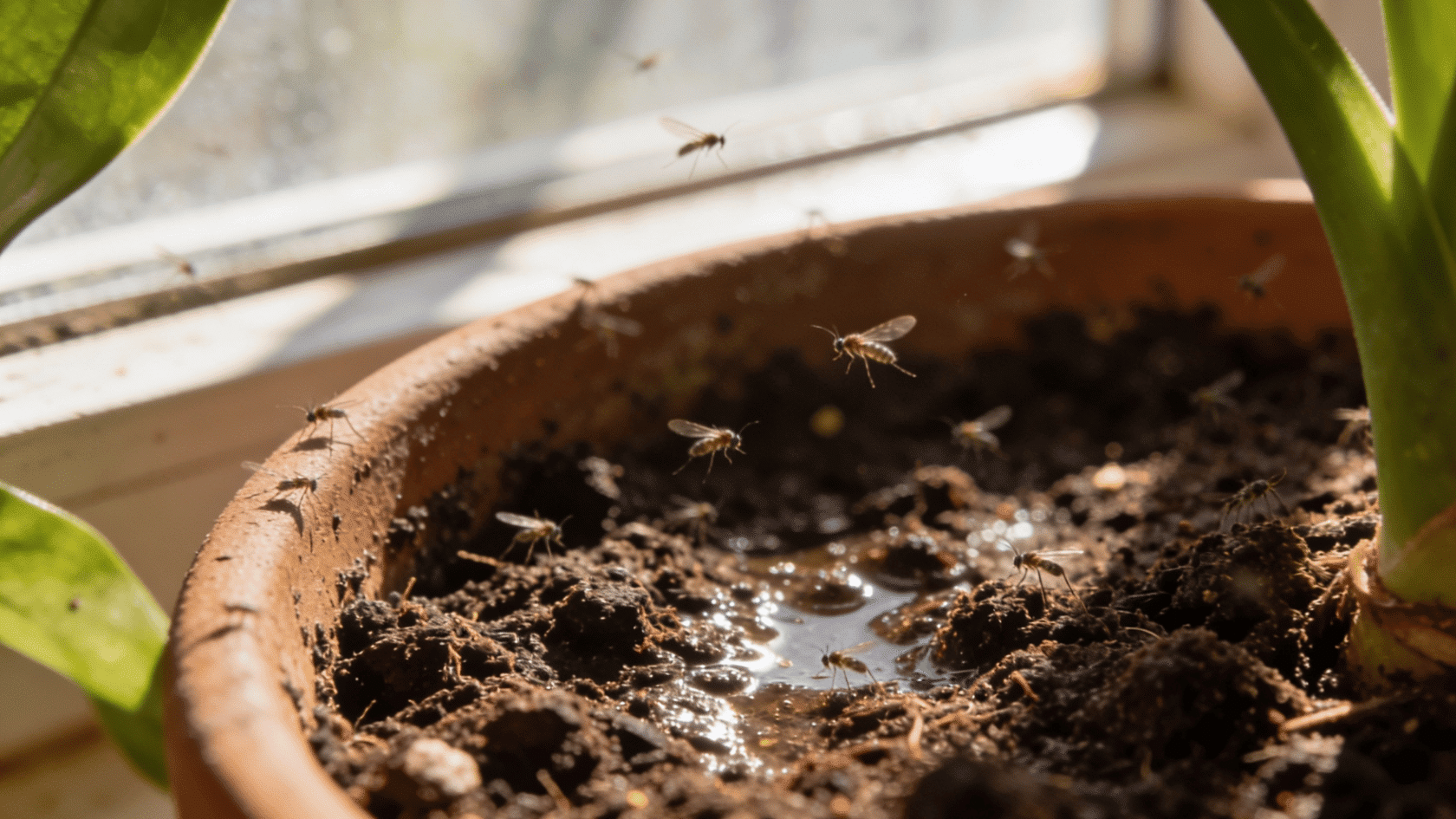 Small gnats flying around damp soil in a potted indoor plant near a window