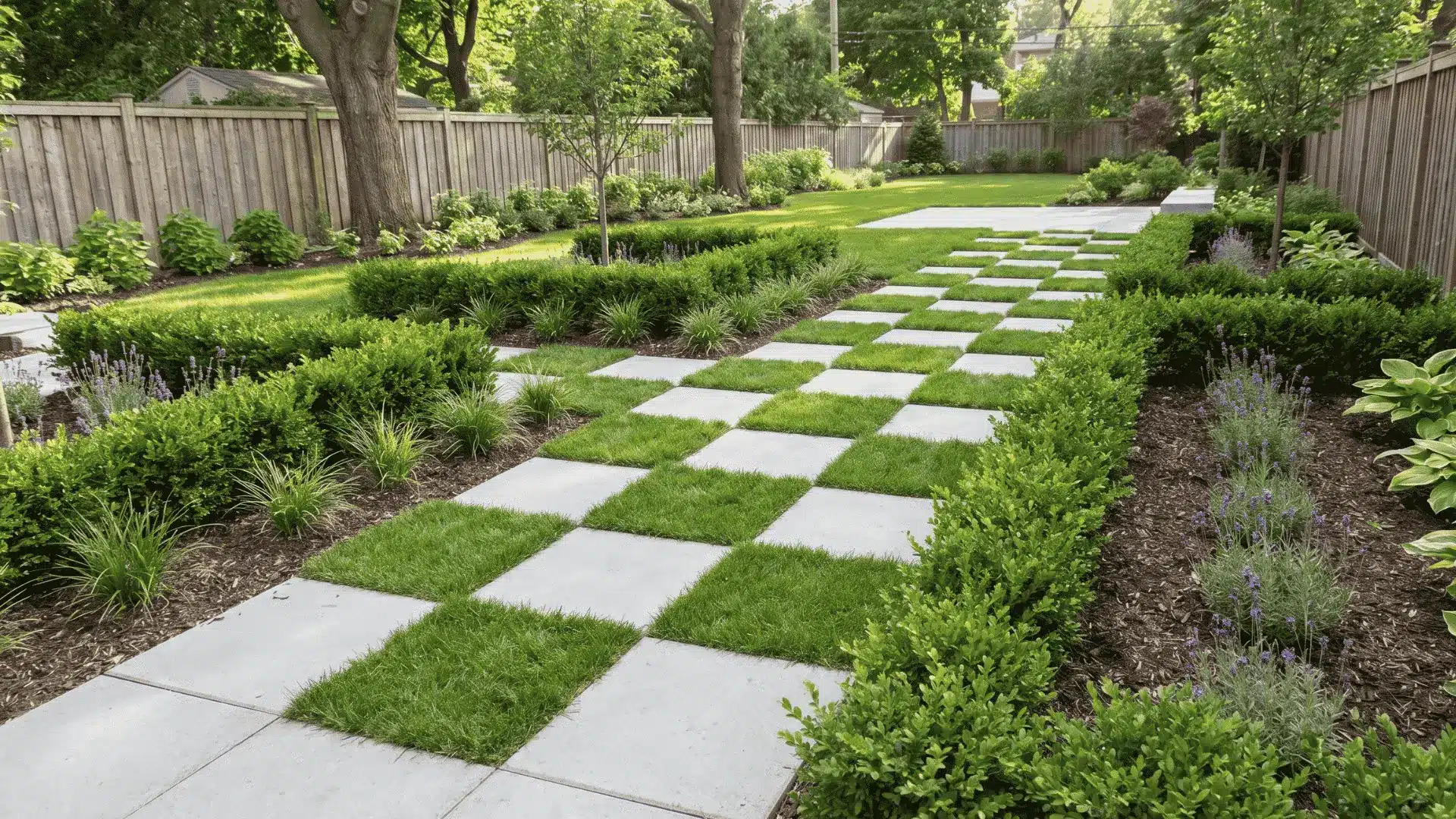 Square pavers with grass gaps forming a checkerboard garden path
