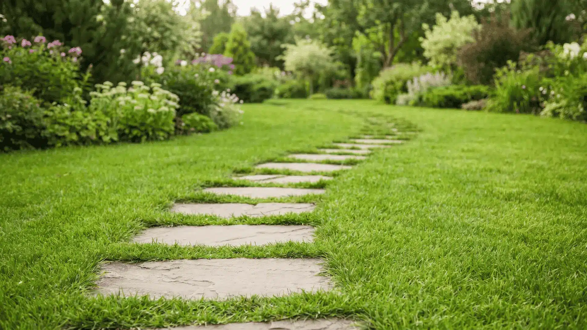 Stepping stones placed through a grassy garden lawn