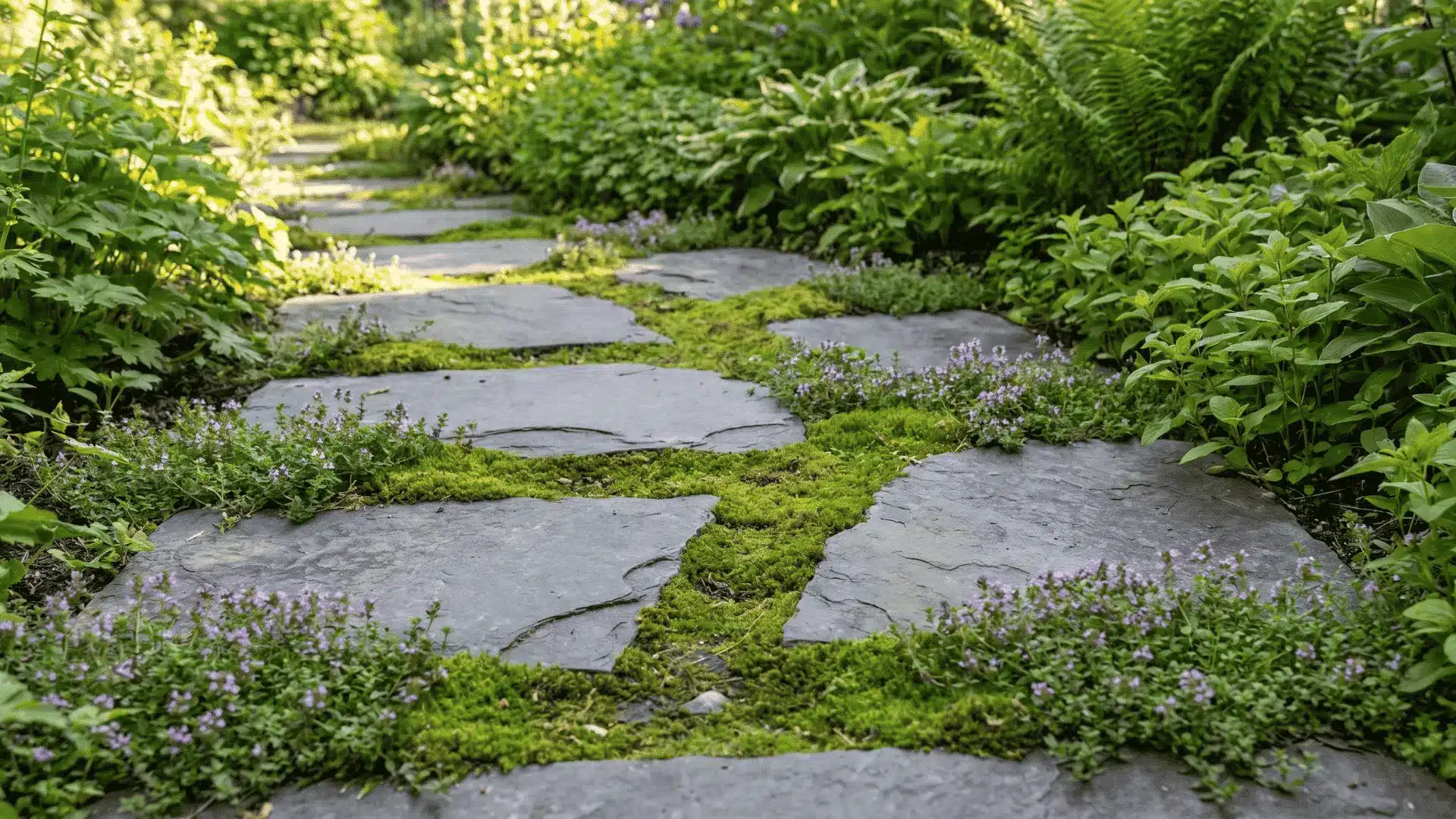 Stepping stones with moss and ground cover between gaps