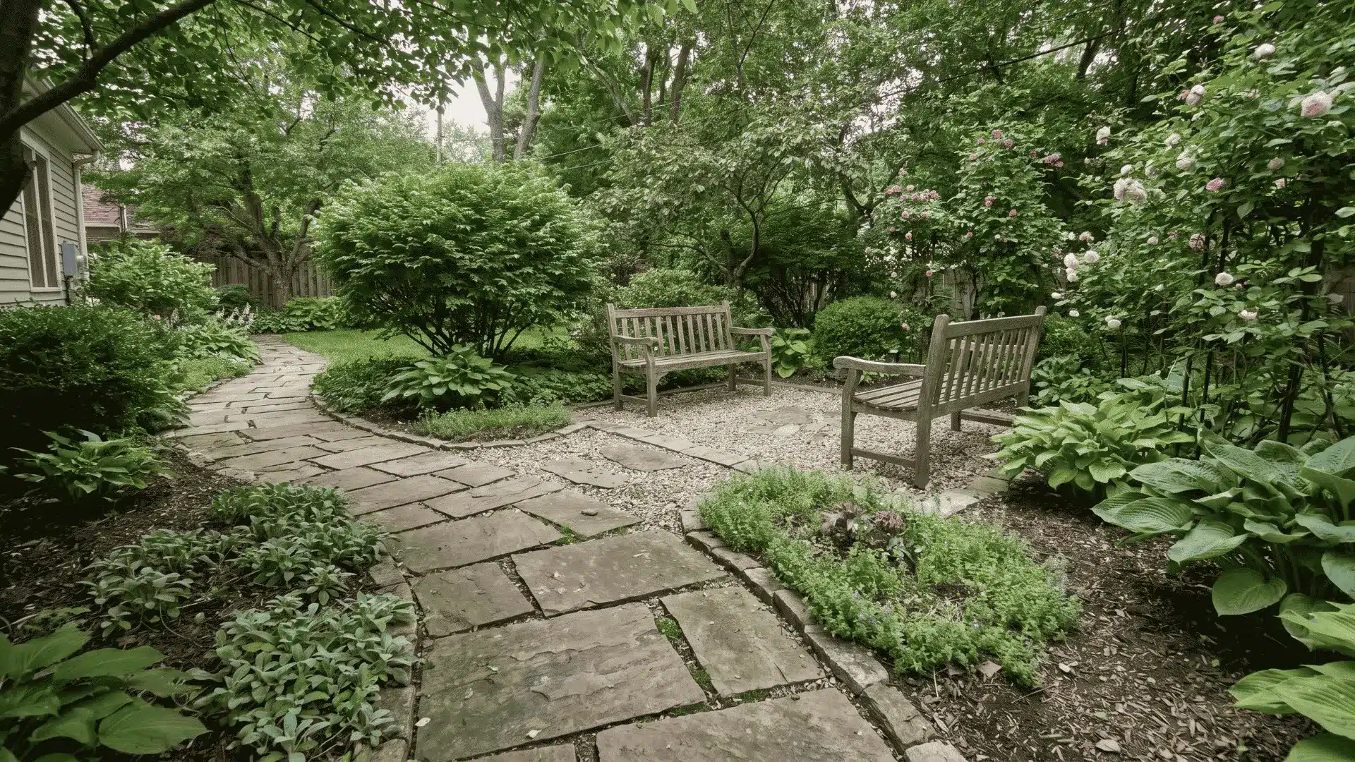 Stone garden path leading to a small seating area