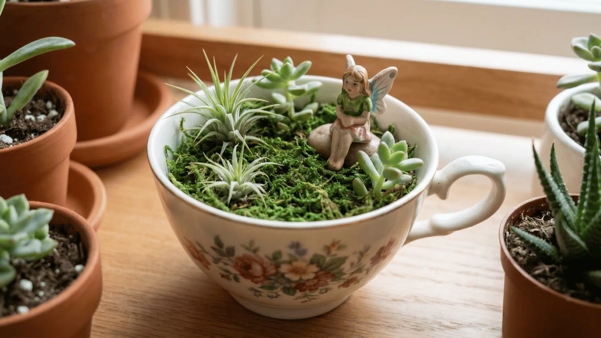 Teacup fairy garden with moss, small plants, and one tiny figure