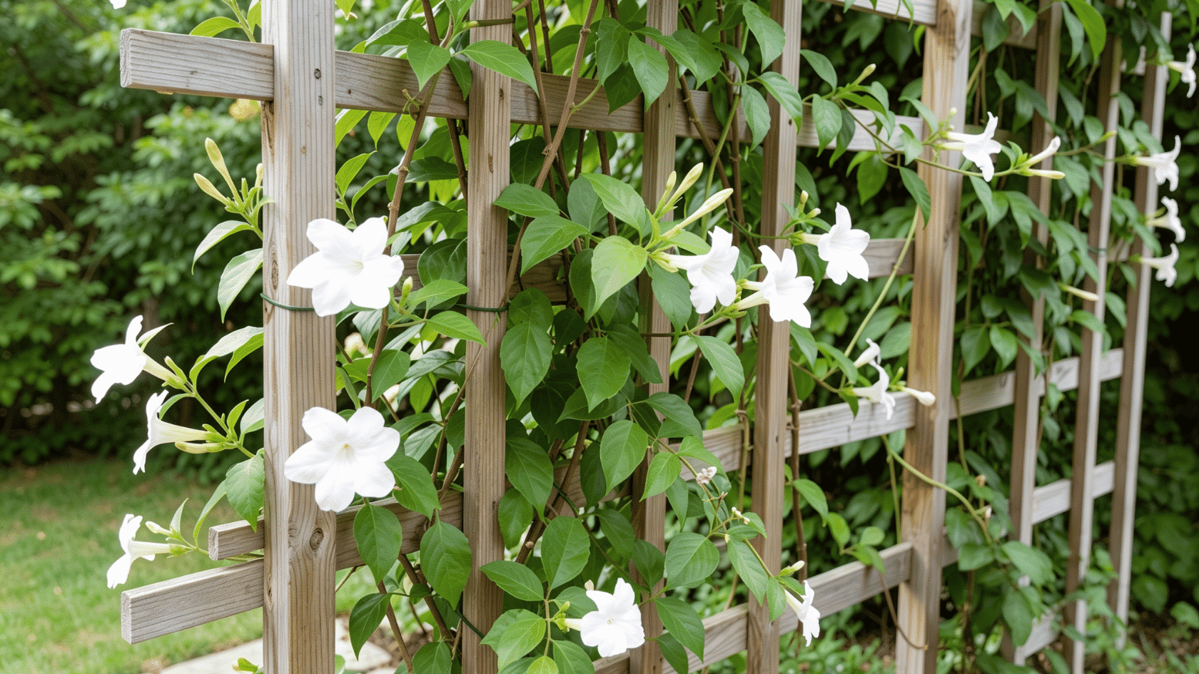 Trimmed mandevilla vines attached to a wooden trellis with green leaves and climbing stems outdoors
