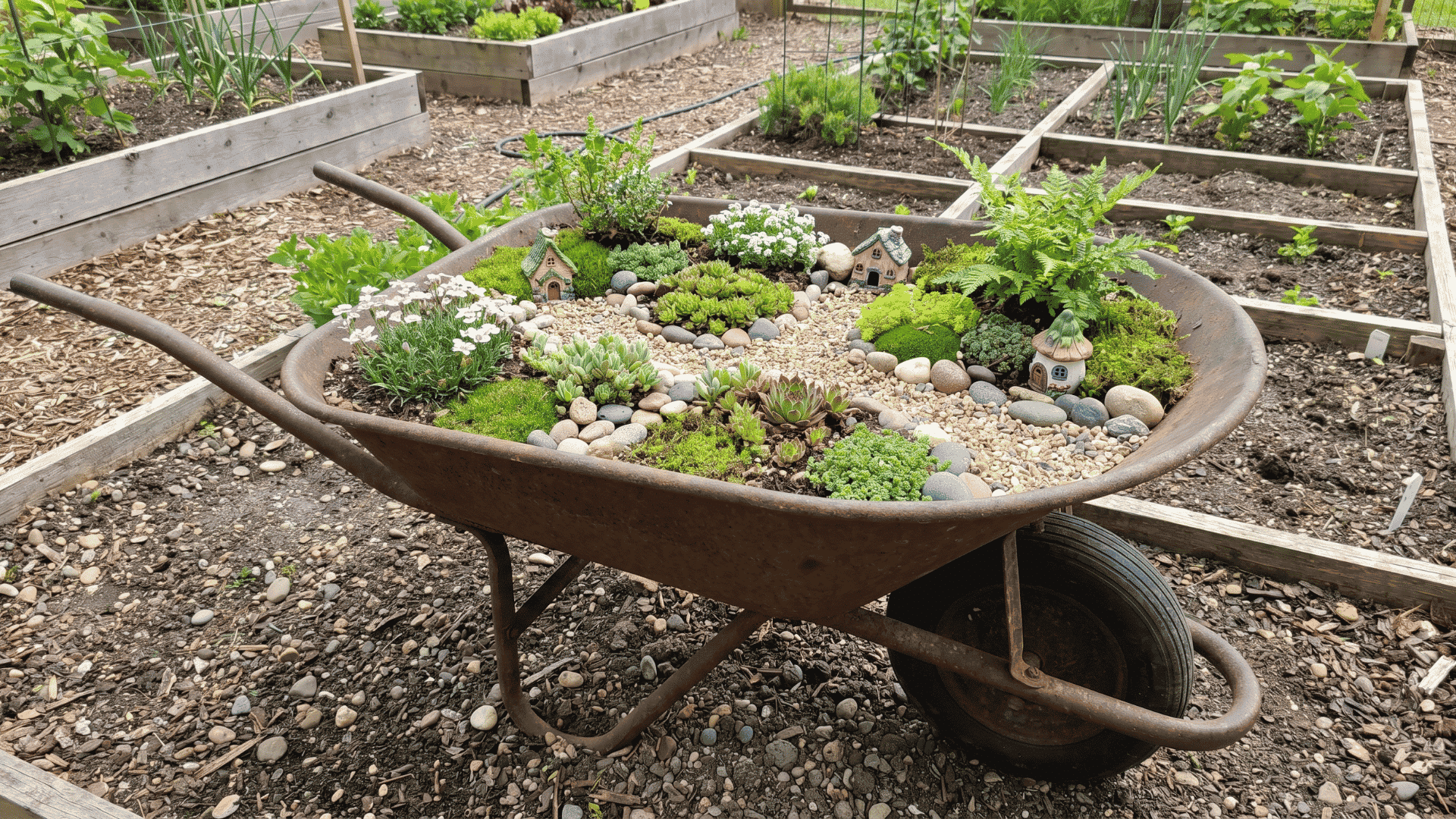 Old wheelbarrow filled with small plants, stones, paths, and tiny houses