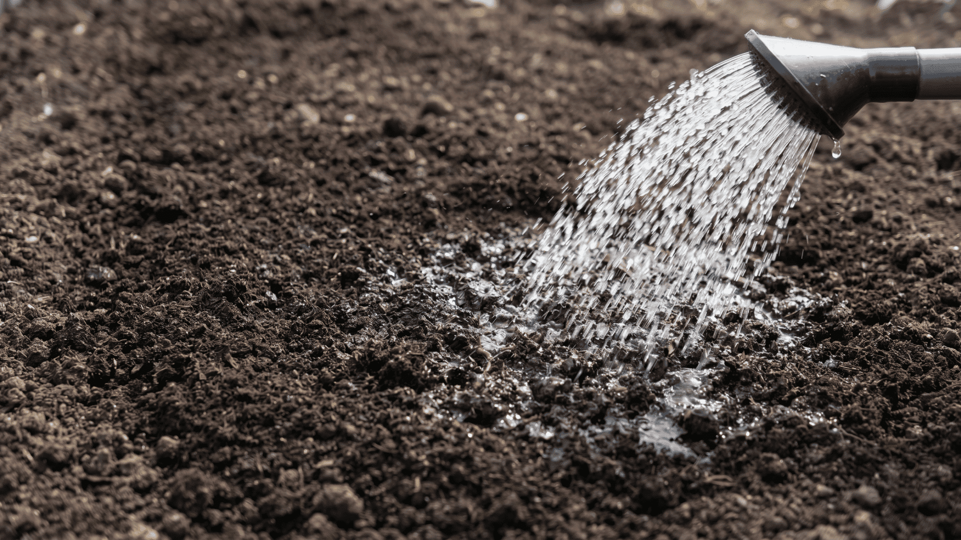 Water soaking into loose garden soil before zinnia seed planting