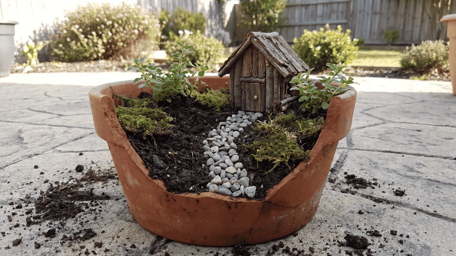 Weathered flower pot fairy garden with moss, small plants, pebble path, soil, and a tiny wooden cottage.