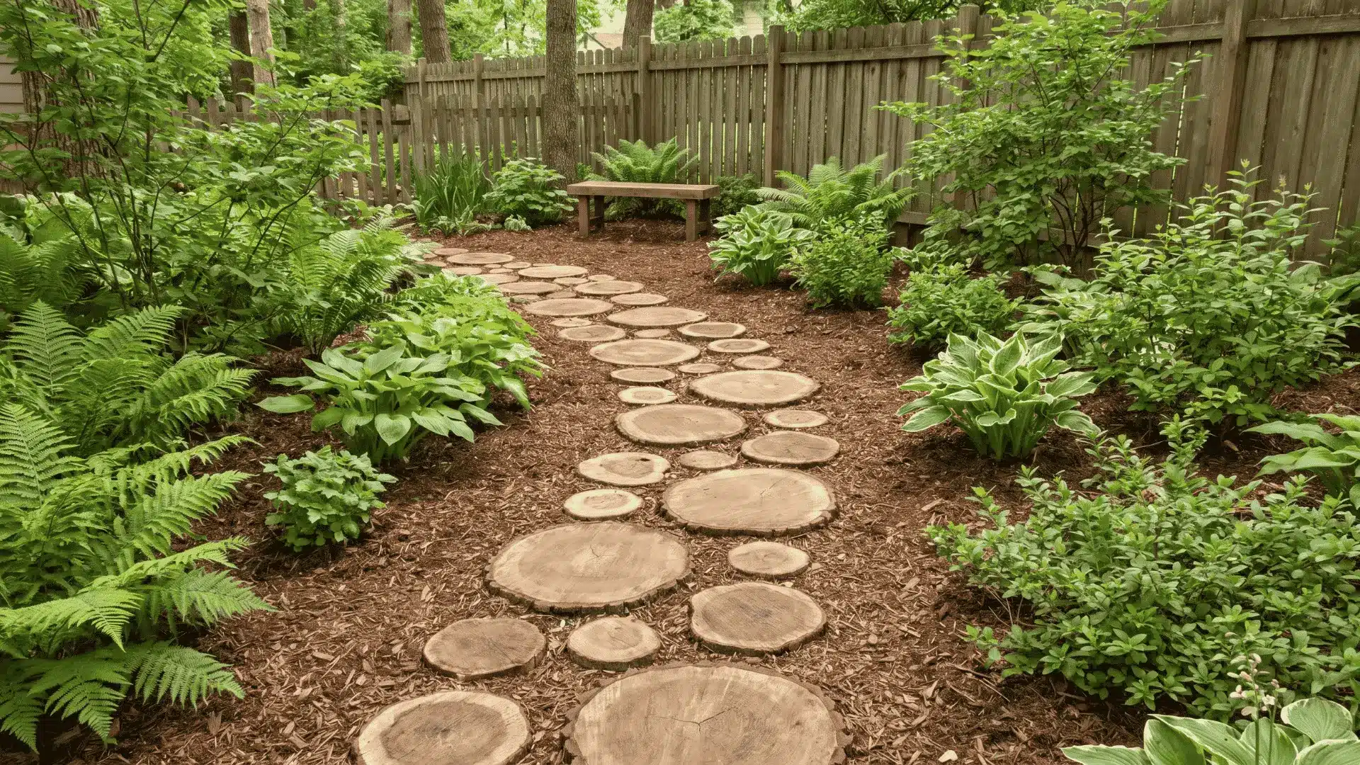 Wood slice stepping path in a woodland-style garden
