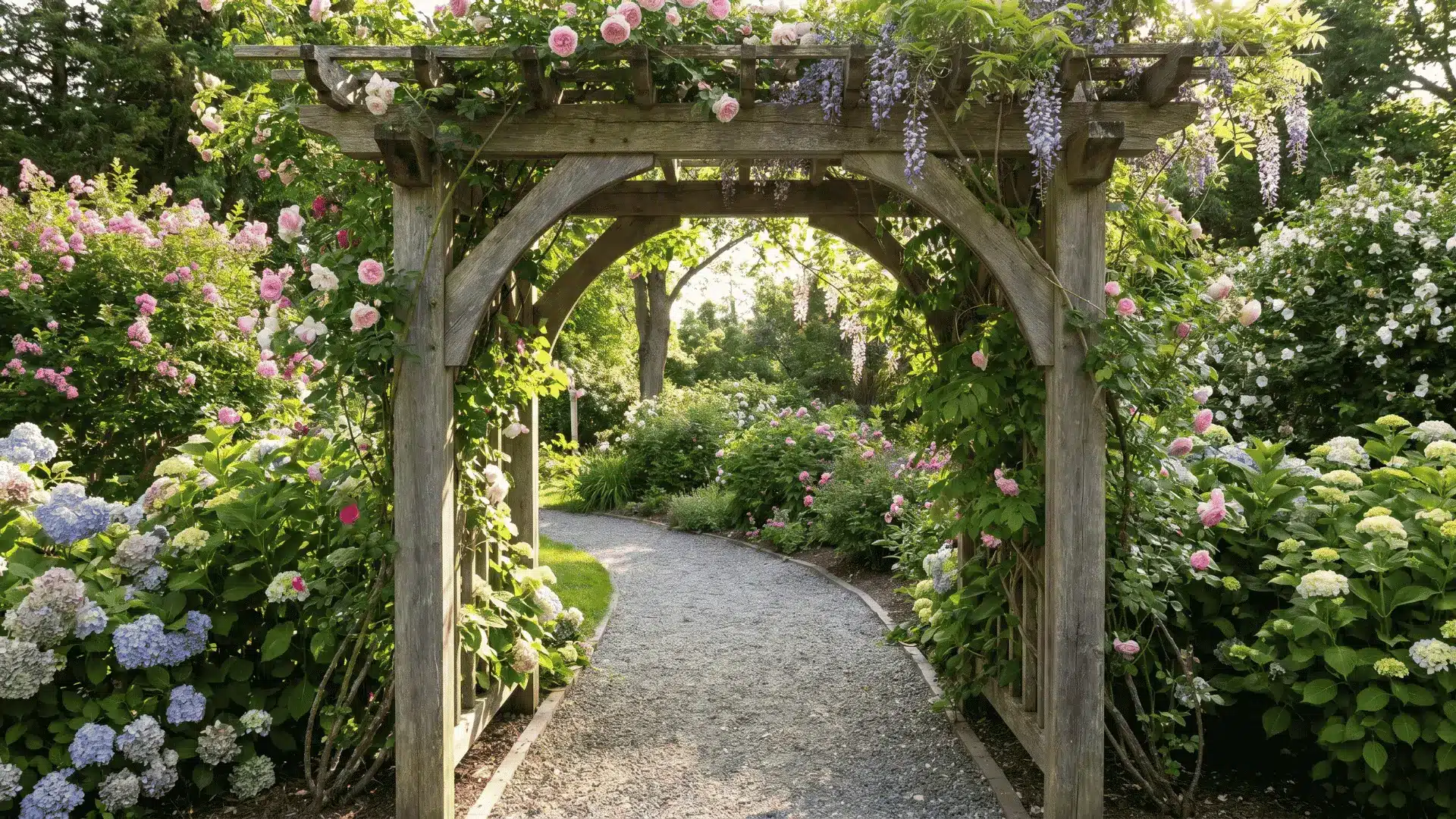 Wooden arbor at the entrance of a garden path
