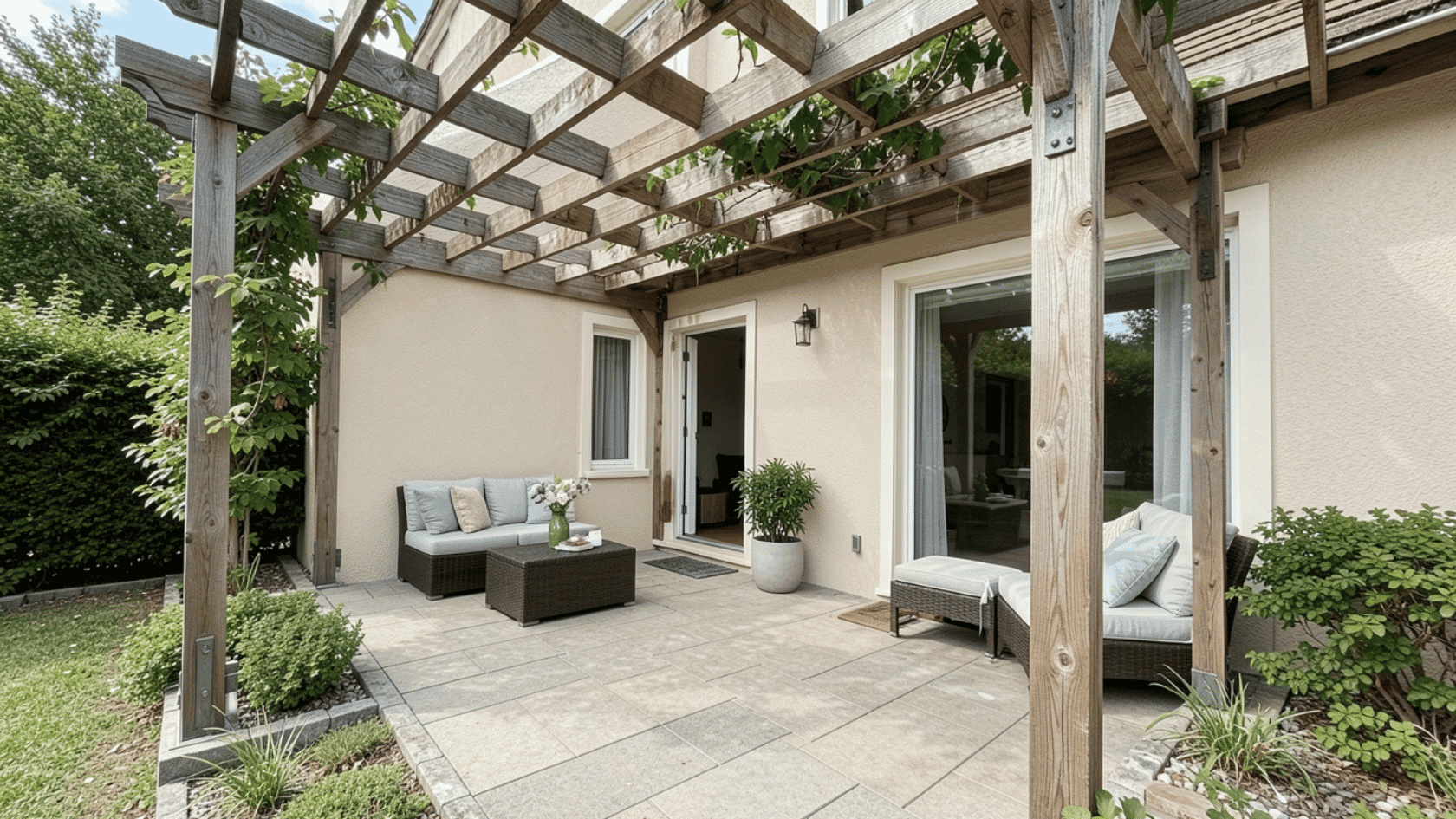 Wooden attached pergola extending from a house over a backyard patio seating area