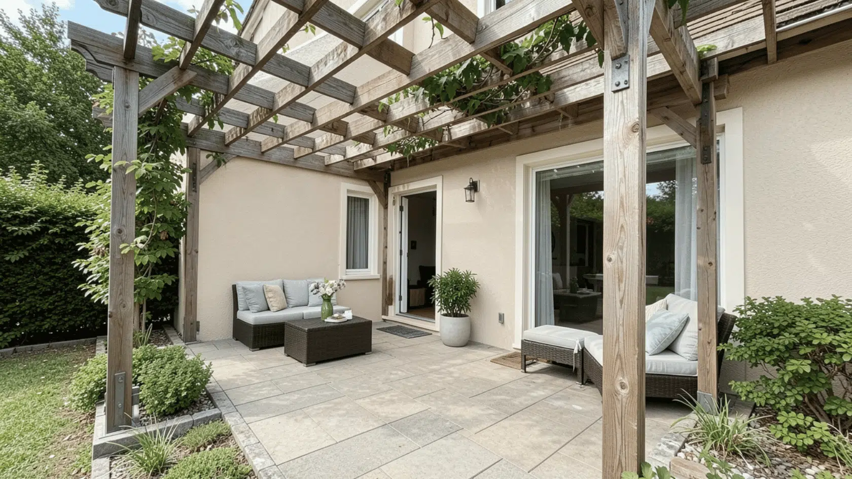 Wooden attached pergola extending from a house over a backyard patio seating area