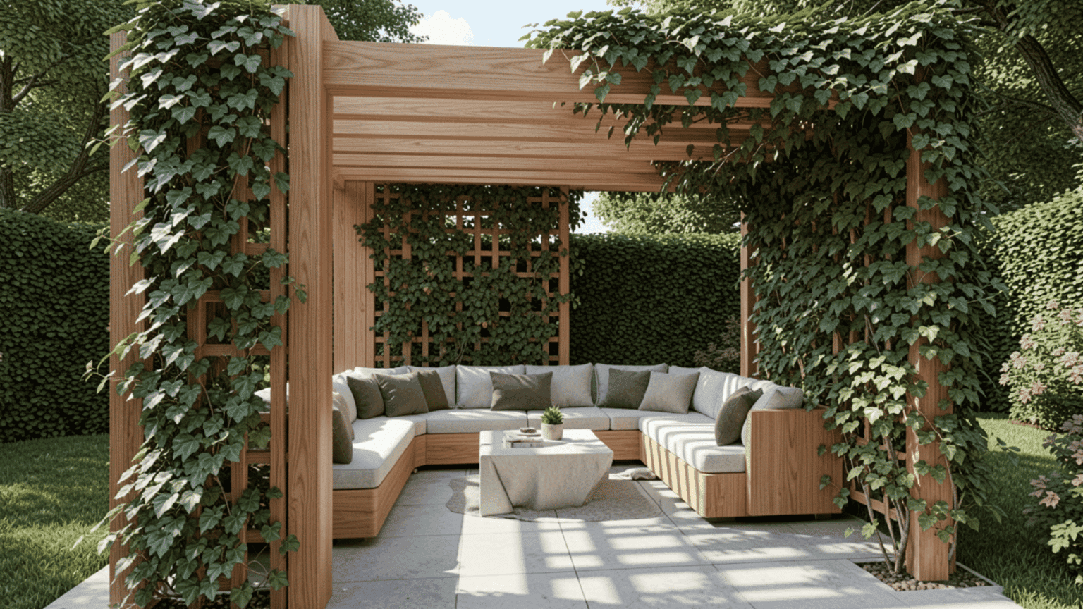 Wooden pergola over an outdoor patio with seating and climbing plants in a backyard garden space