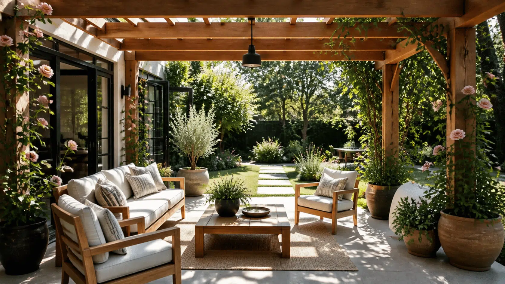 Wooden pergola over an outdoor patio with seating and climbing plants in a backyard garden space