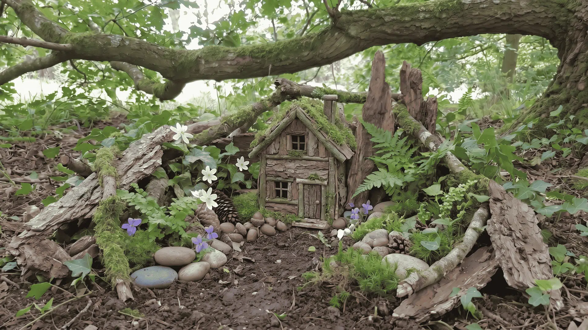 Woodland fairy garden with moss, bark, twigs, pinecones, stones, and ferns