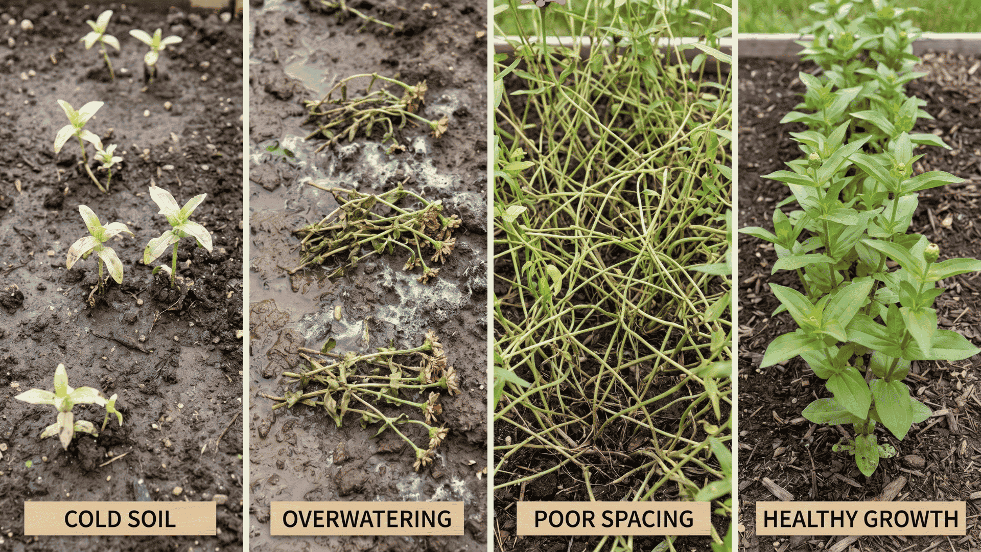 _Zinnia seedlings showing spacing, watering, and sunlight growing problems in a garden bed