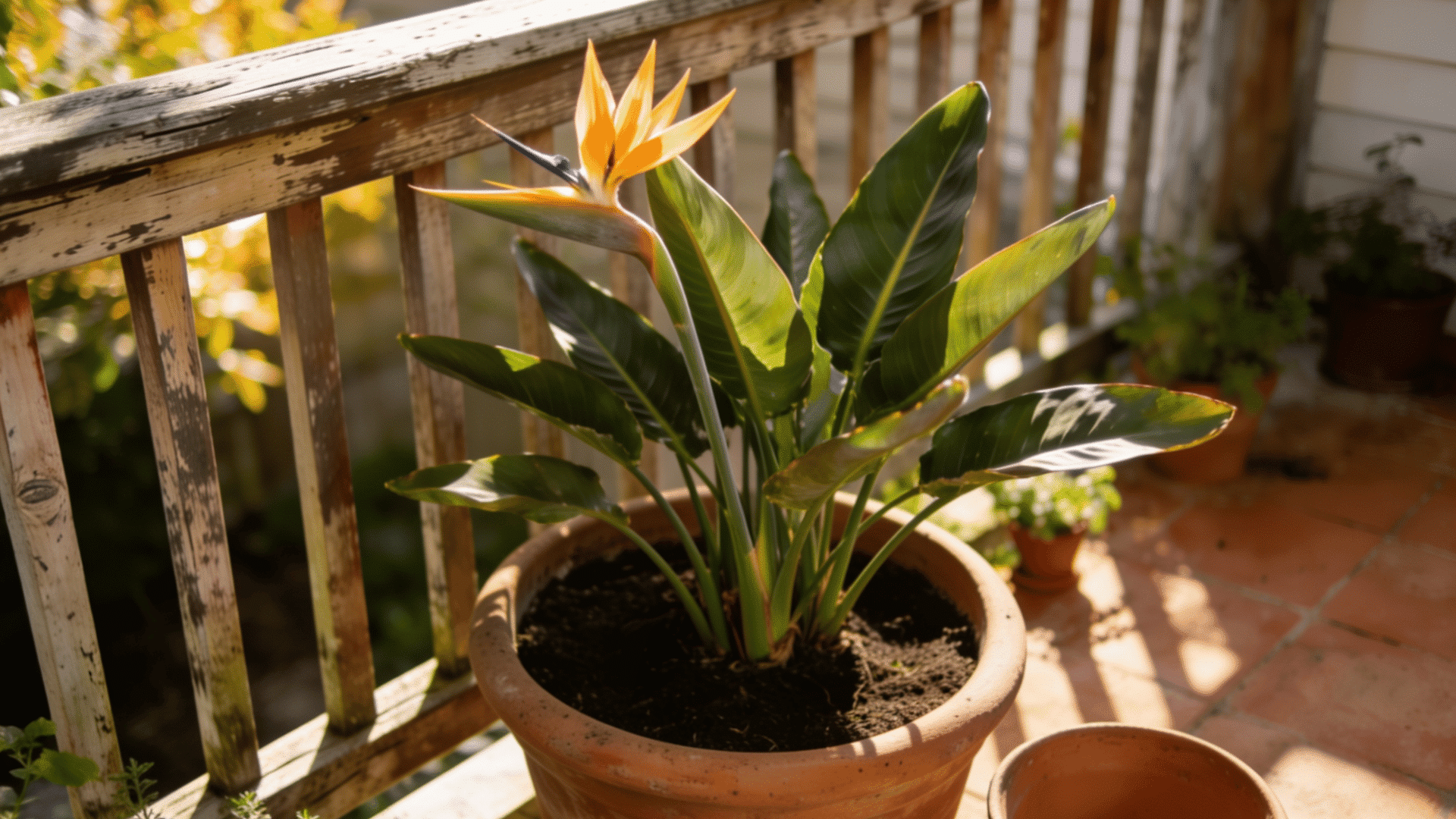 Bird of paradise plant care in a pot on a balcony