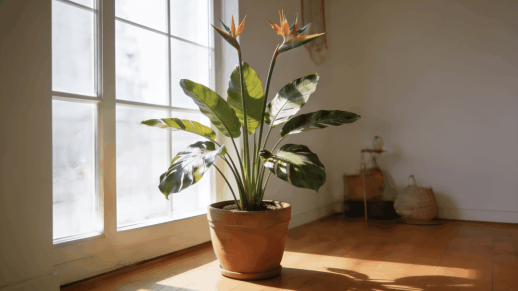 Bird of paradise plant with large green leaves in a terracotta pot near a sunny window.