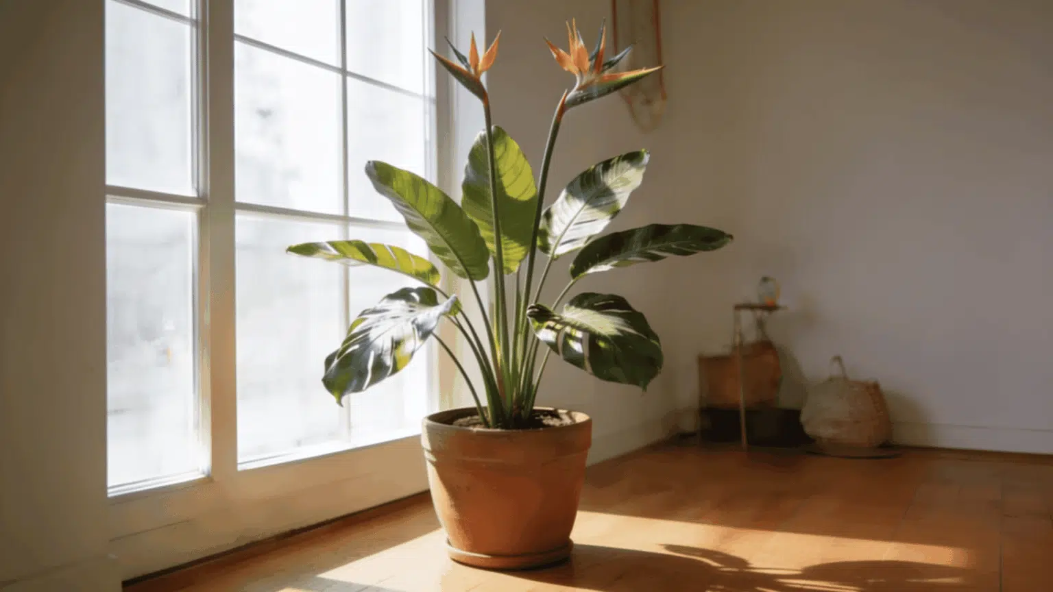 Bird of paradise plant with large green leaves in a terracotta pot near a sunny window.