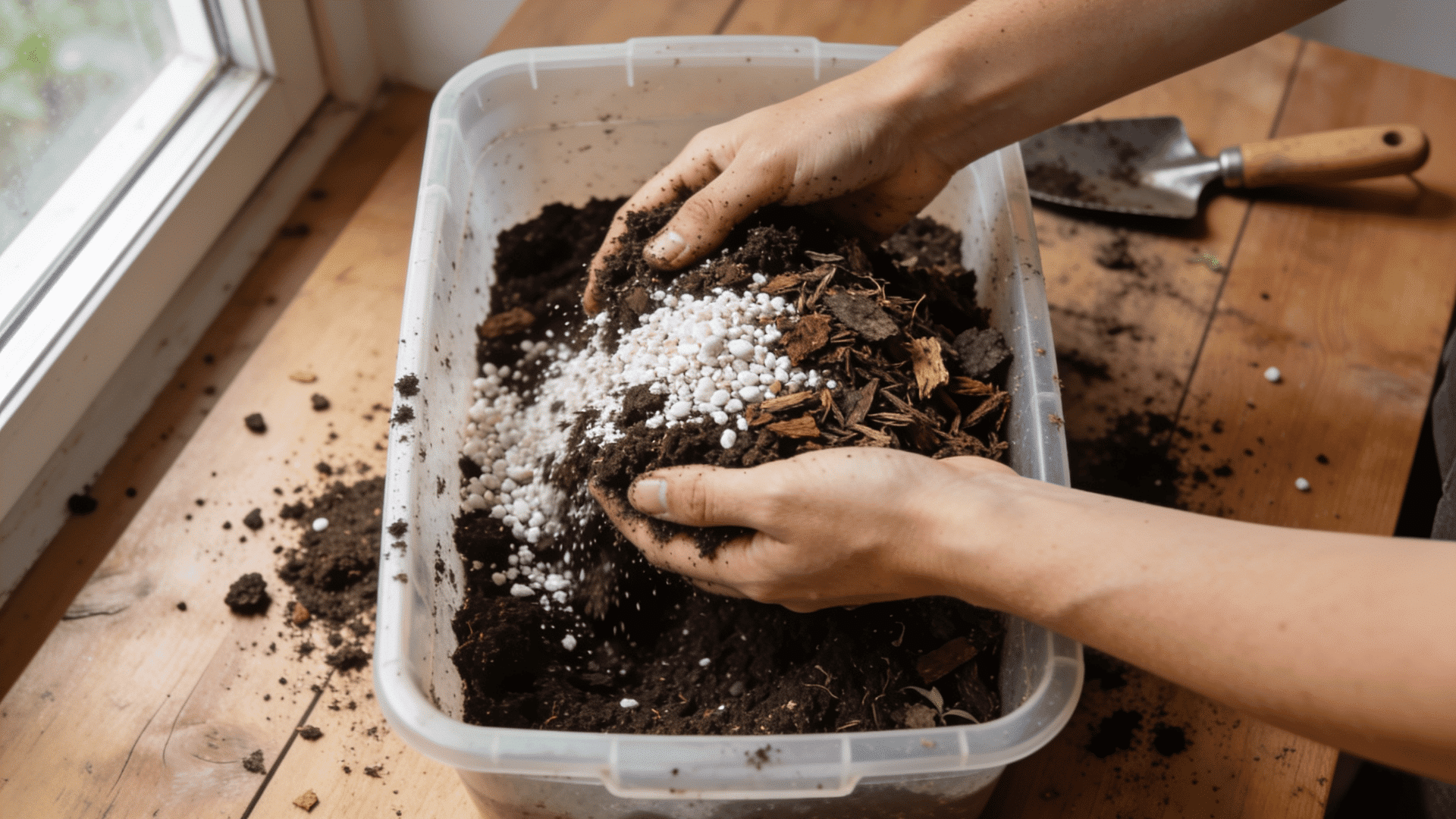 Mixing potting soil and perlite for bird of paradise plant care