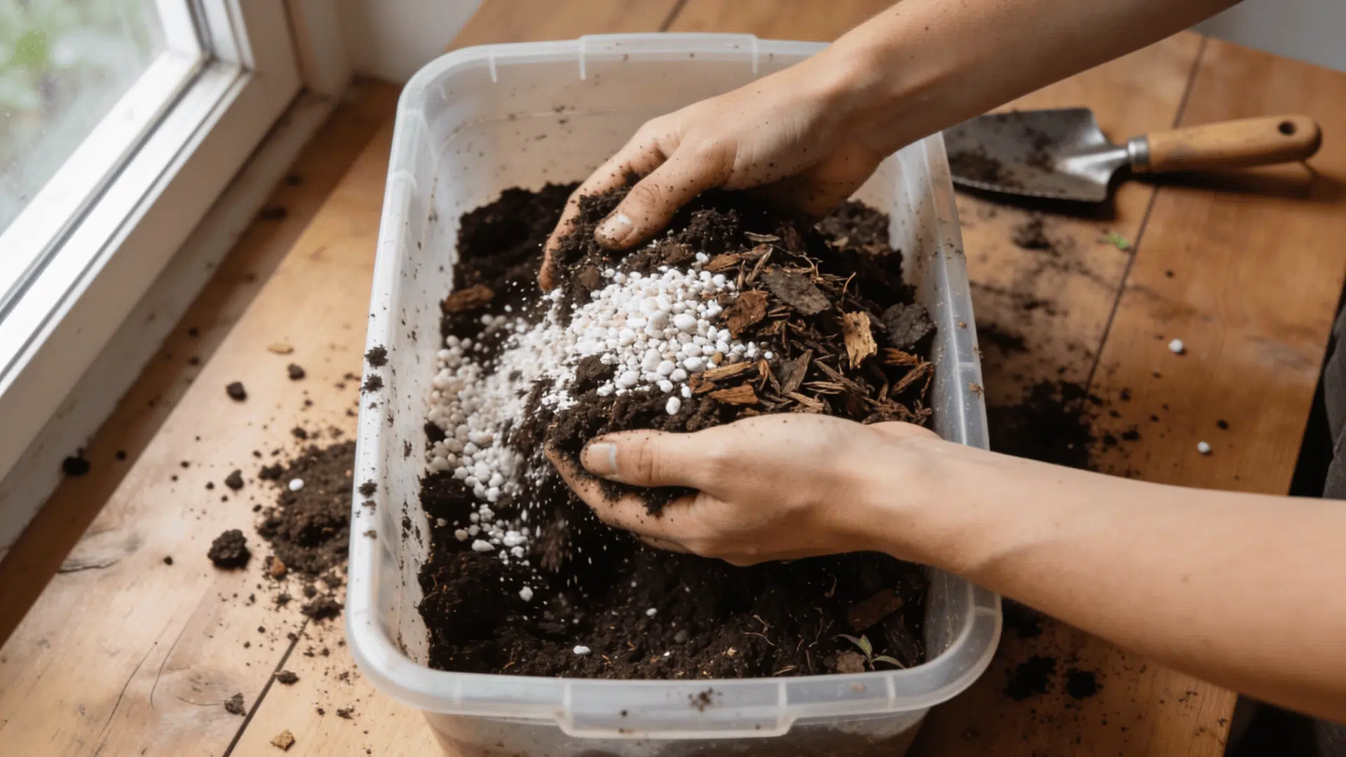 Mixing potting soil and perlite for bird of paradise plant care