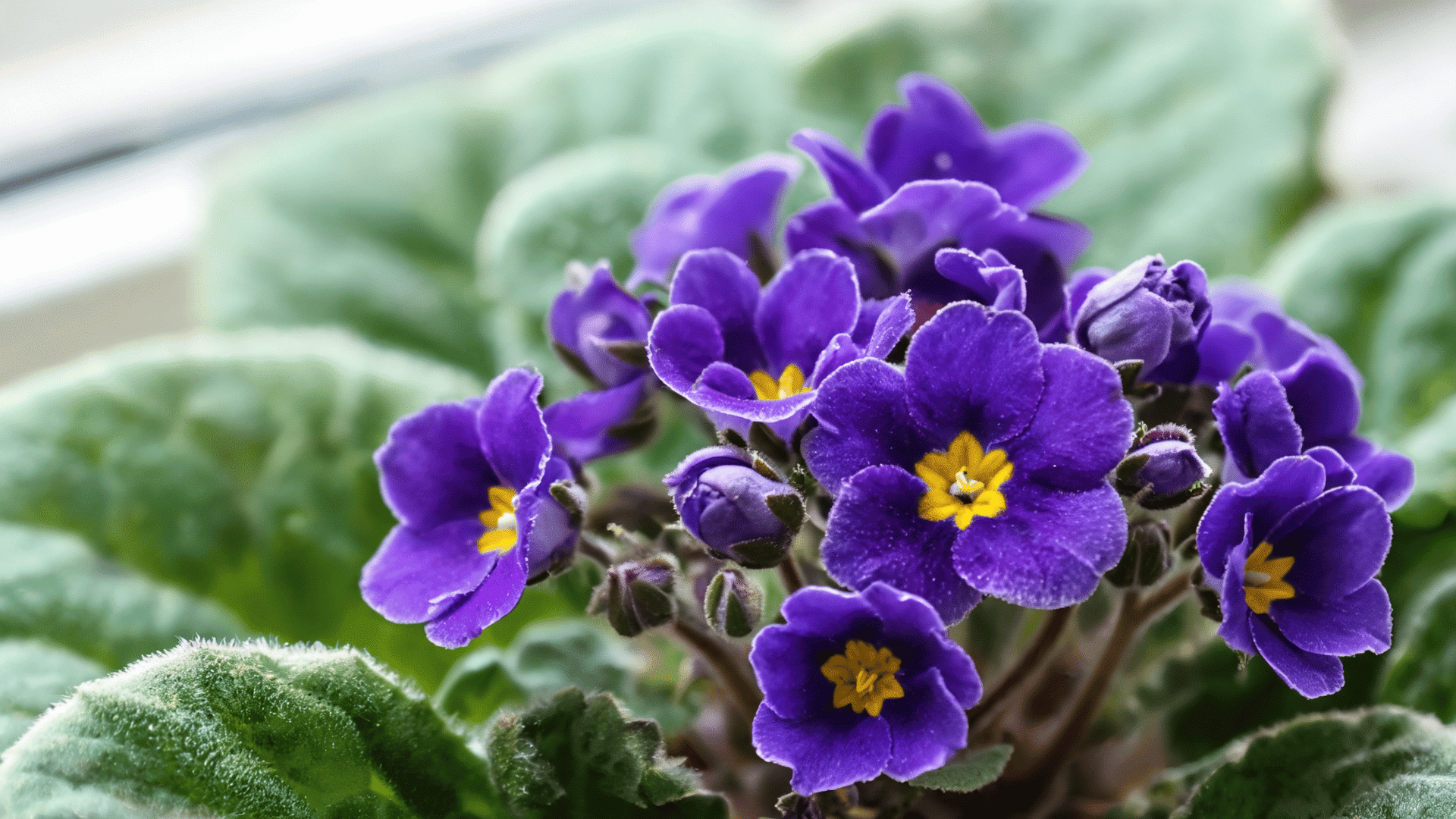 Purple African violet flowers with yellow centers and green leaves in a close-up view.