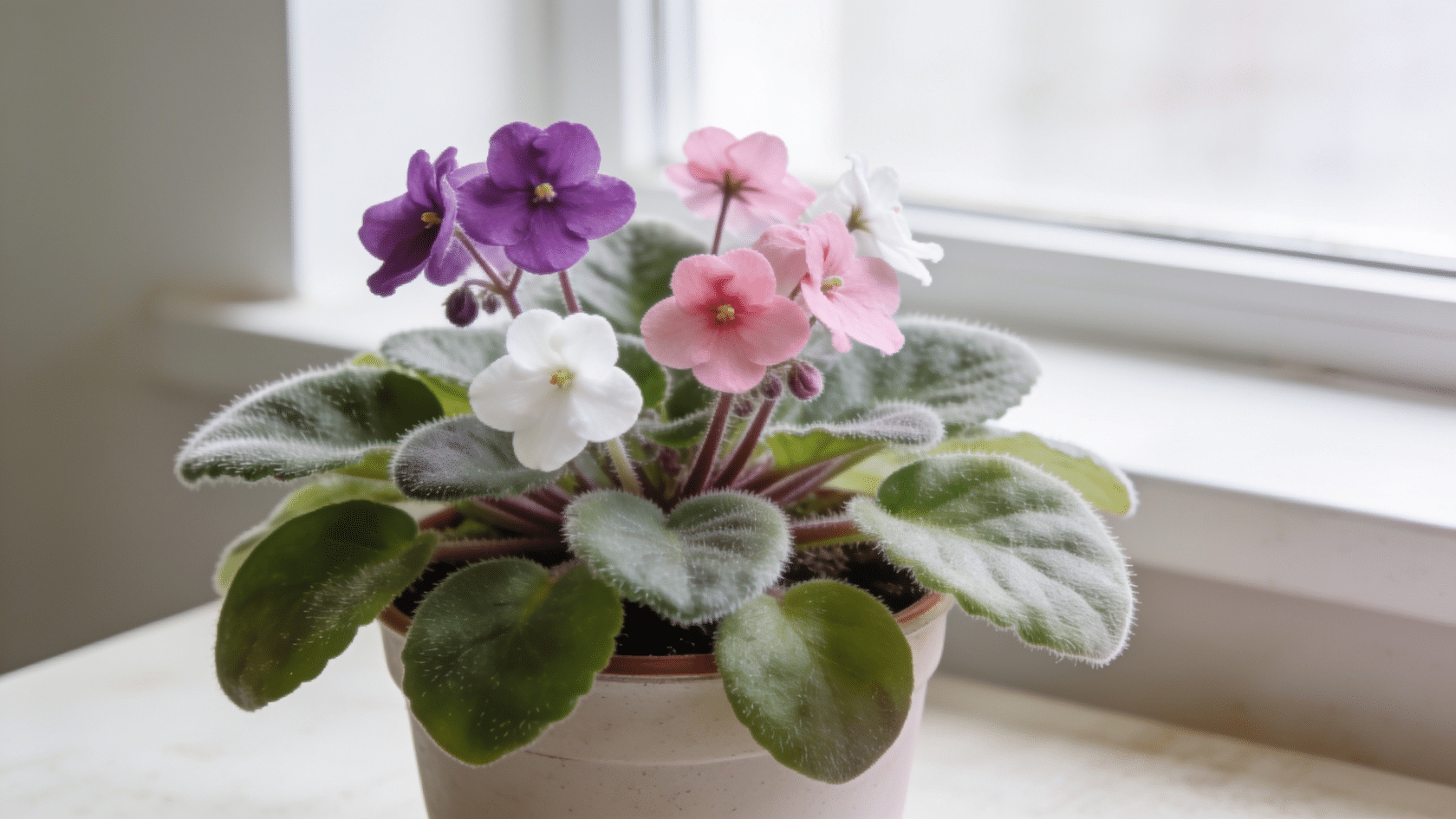 African violet, a flowering common house plants pick, with purple blooms and fuzzy leaves
