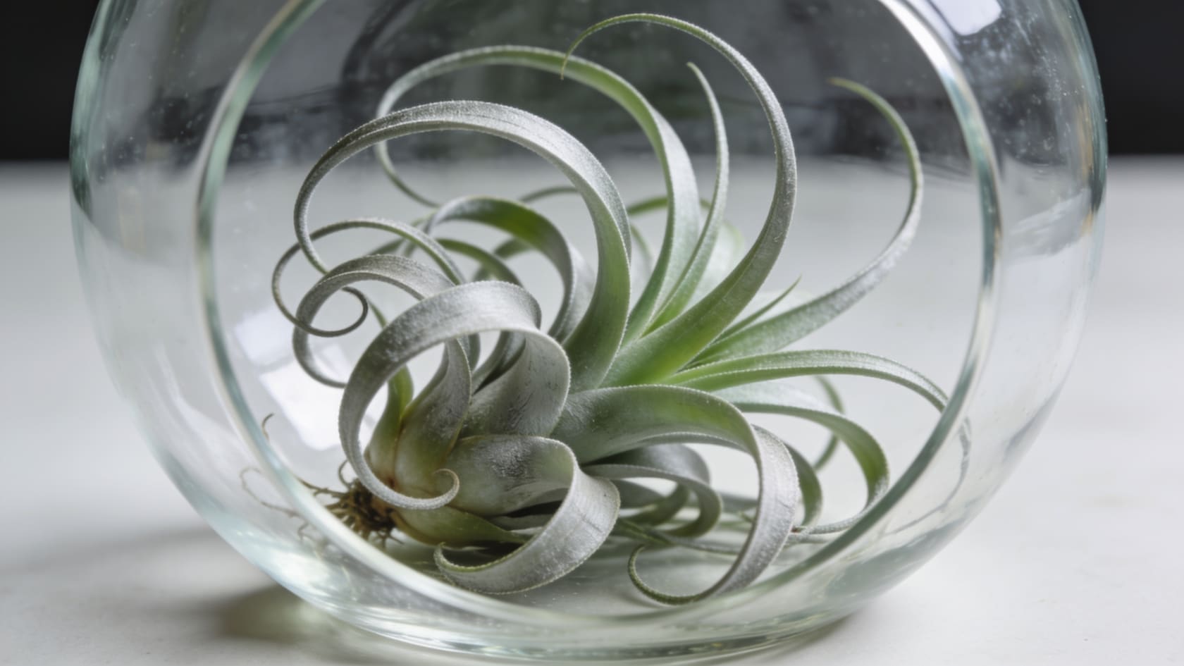 Air plant, a soil-free common house plants pick, with curling leaves in a terrarium