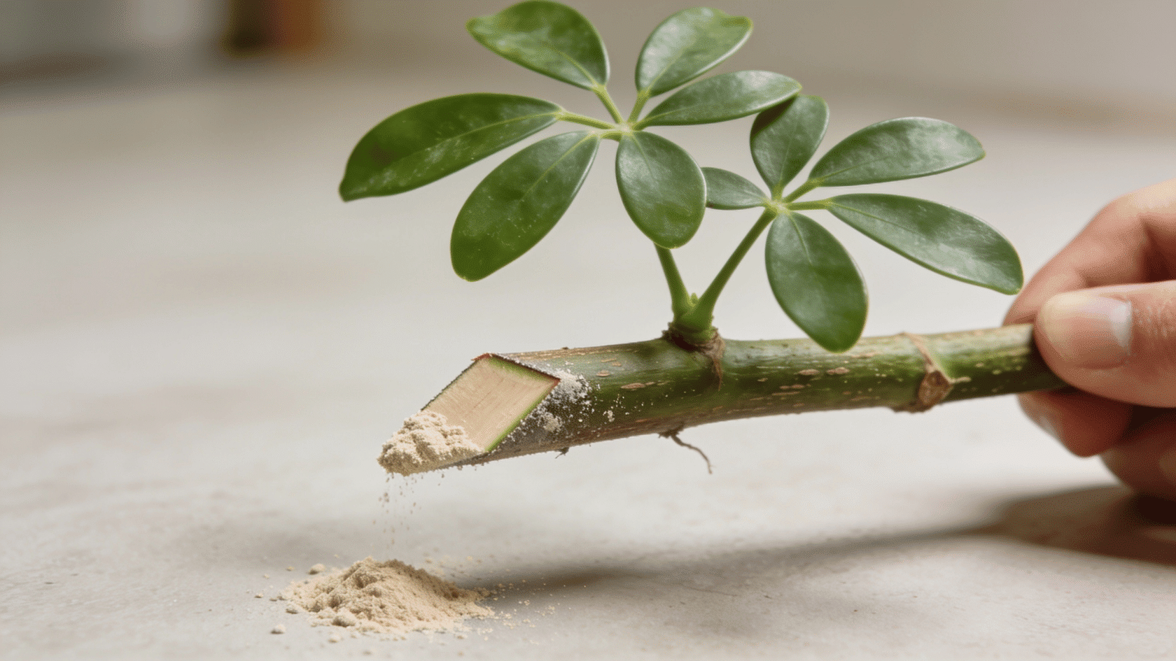 Angled stem cutting dipped in rooting hormone