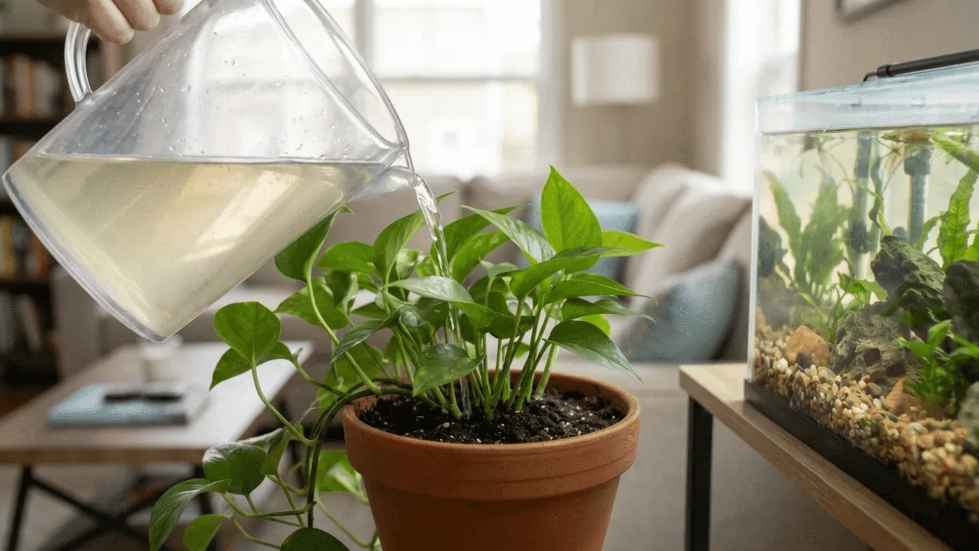 Aquarium water being poured into the soil of a leafy houseplant beside a fish tank