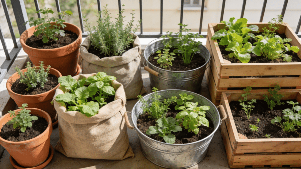 Container gardening ideas shown through terracotta pots, fabric grow bags, and wooden crates planted with herbs and greens on a patio.
