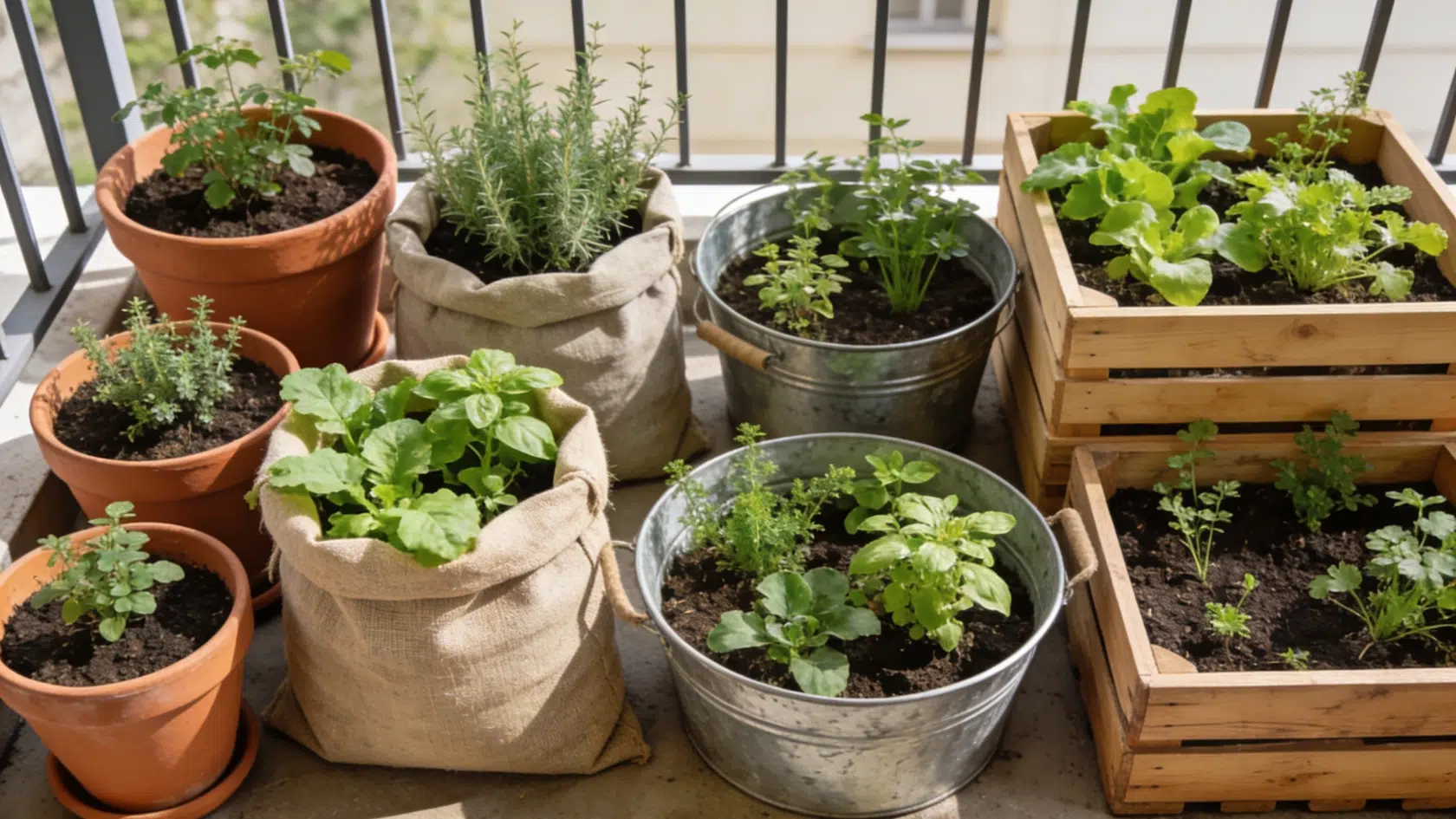 Container gardening ideas shown through terracotta pots, fabric grow bags, and wooden crates planted with herbs and greens on a patio.