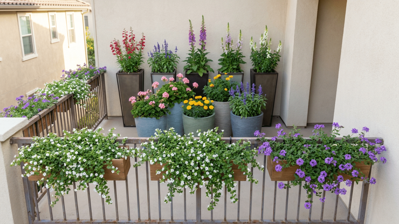 Flower garden ideas for small spaces showing a balcony container garden with tall pots at the back wall, medium pots in the middle, and trailing verbena at the railing edge.