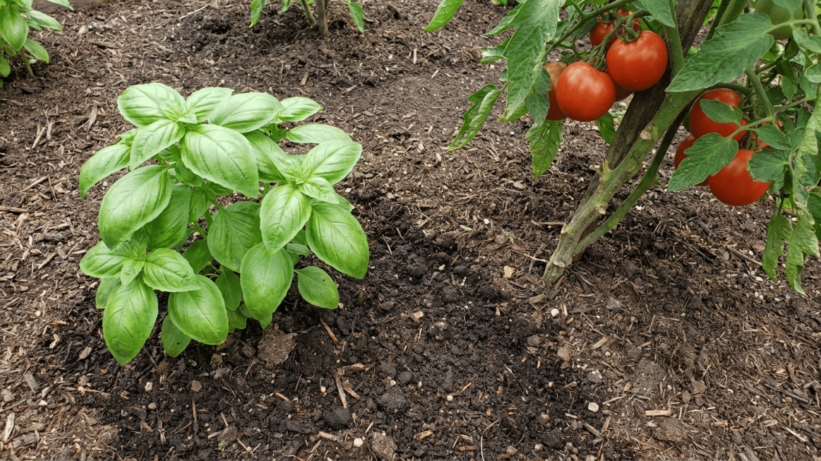 Basil planted beside tomatoes as companion plants in a home garden to repel pests and support growth