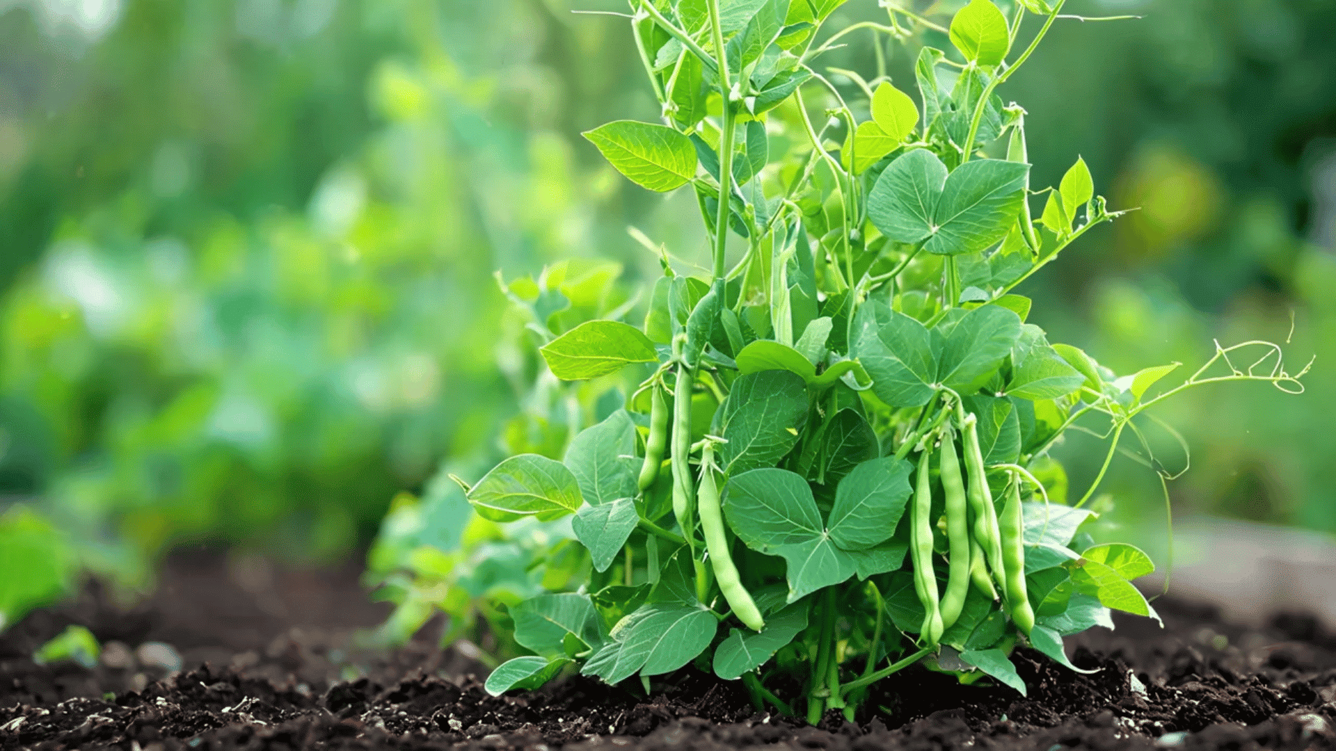 Green bean plant with leaves and pods growing in soil.
