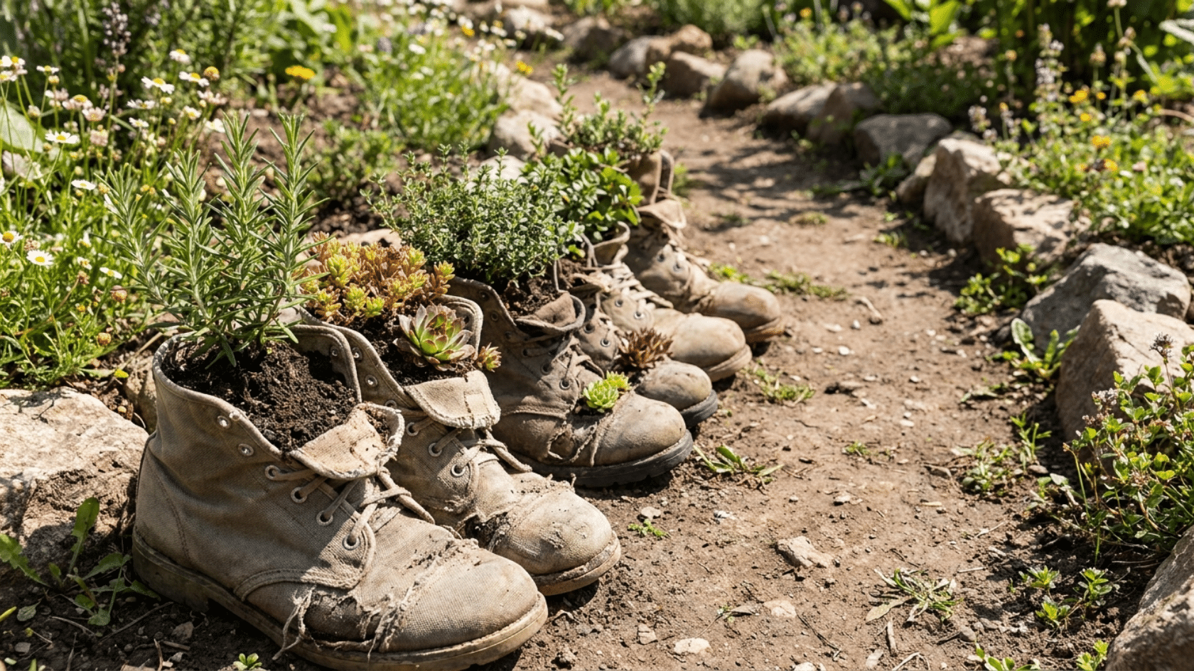 Several old, worn work boots repurposed for container gardening with small green herbs and succulents.