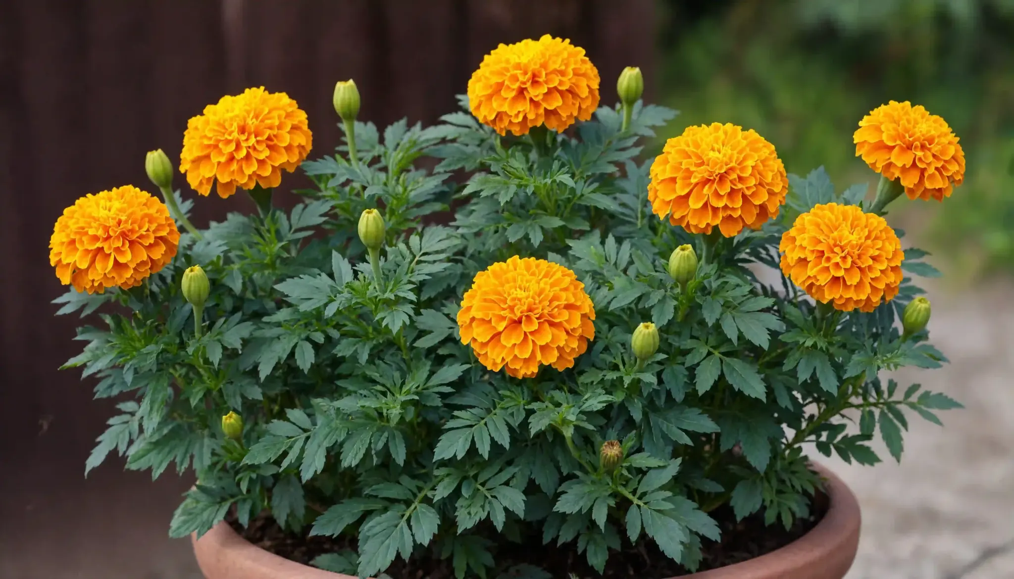 Bright orange marigold flowers blooming in garden pot