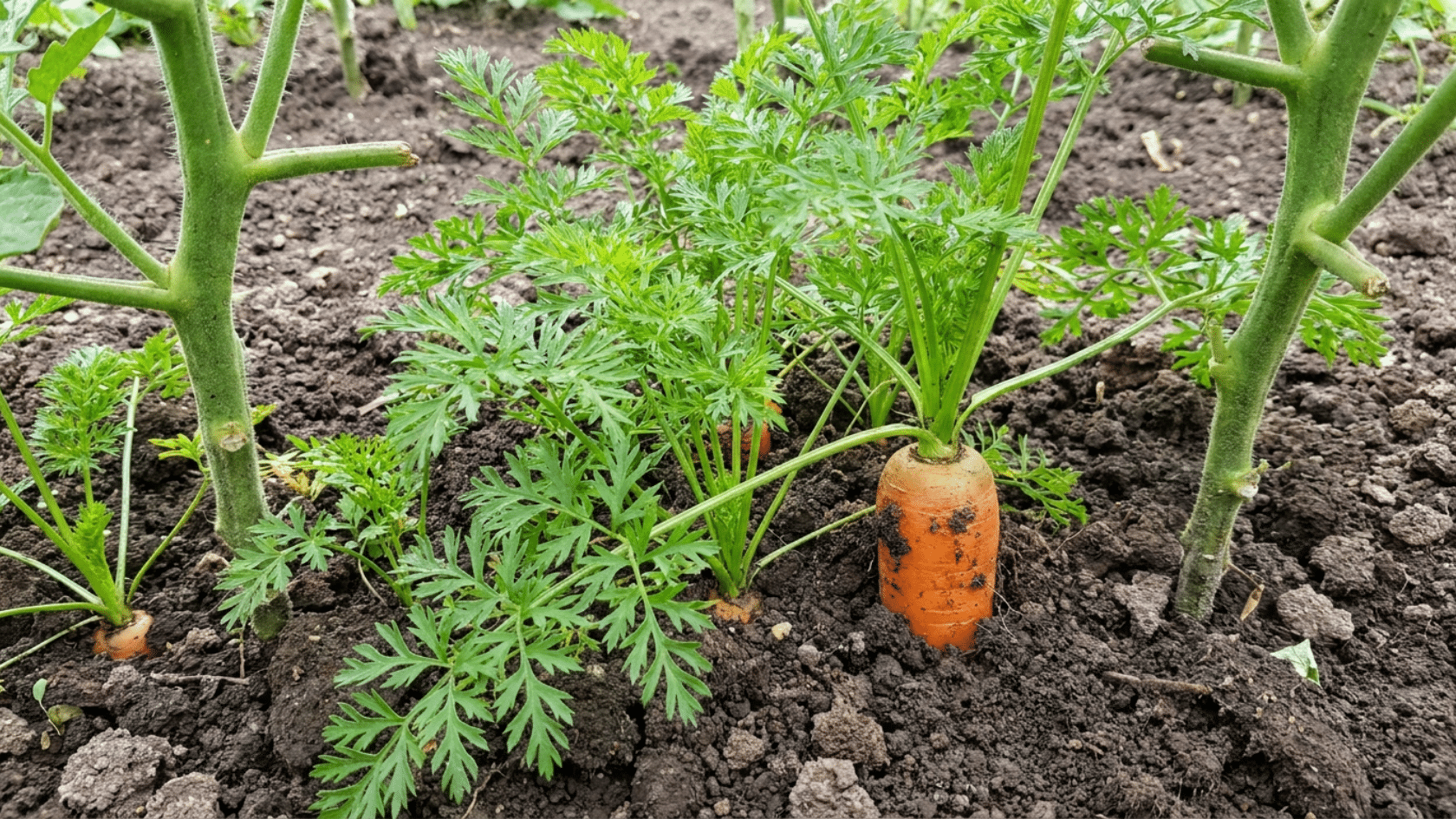 Carrots planted between tomatoes as companion plants to improve soil.