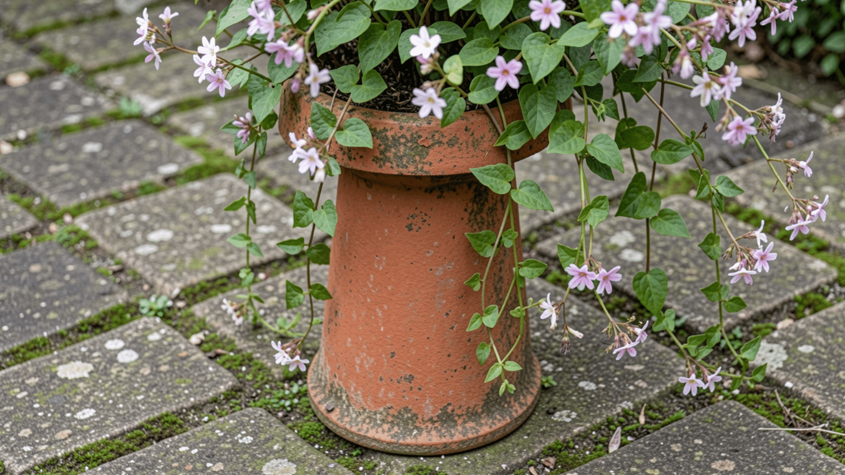 A potted plant inside an old terracotta chimney pot on a flagstone path, a container gardening idea.