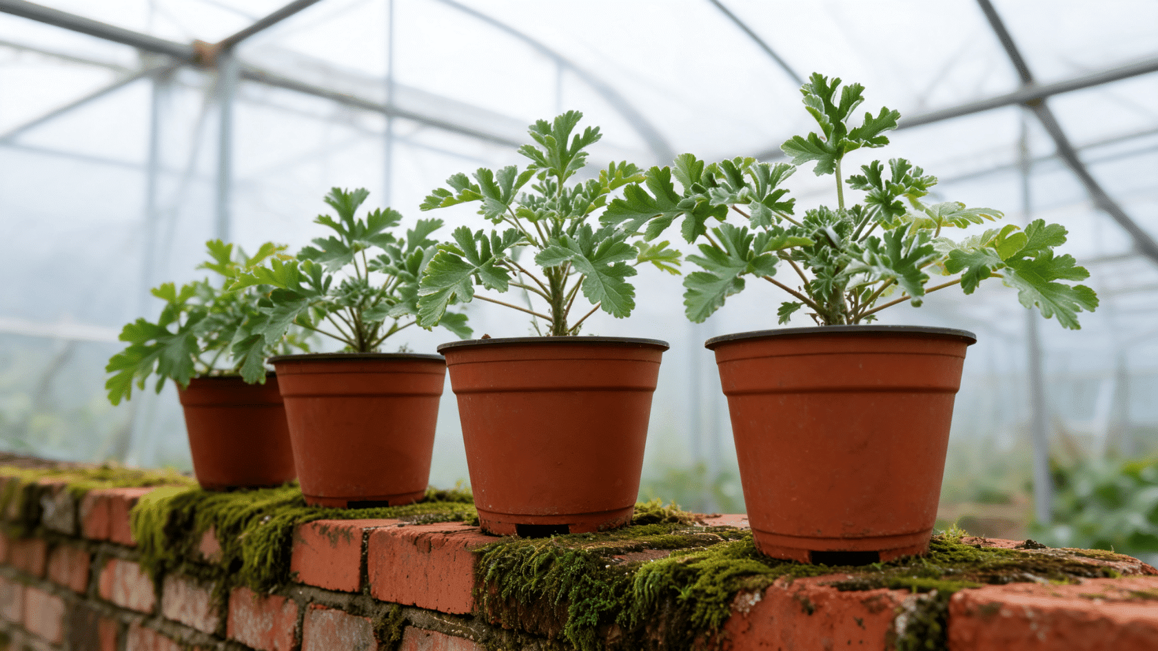 Four potted citronella plants lined up on a mossy brick wall inside a bright greenhouse.