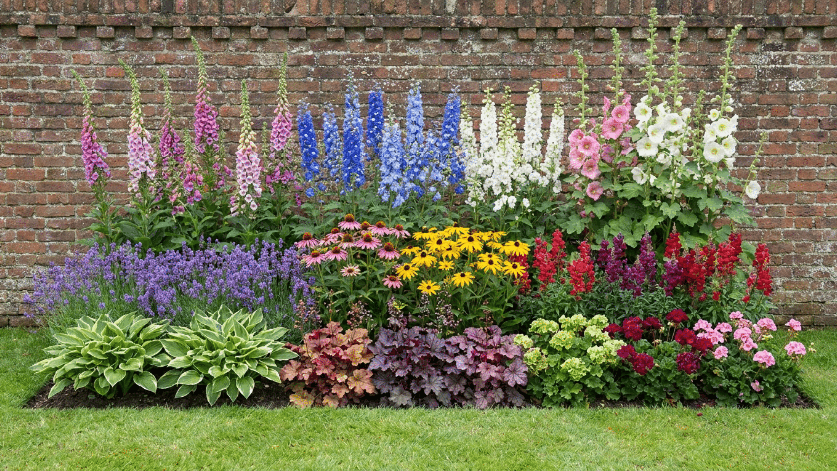 Flower garden ideas showing a classic straight border bed along a garden fence with tall plants at the back and low plants at the front in three tiers.