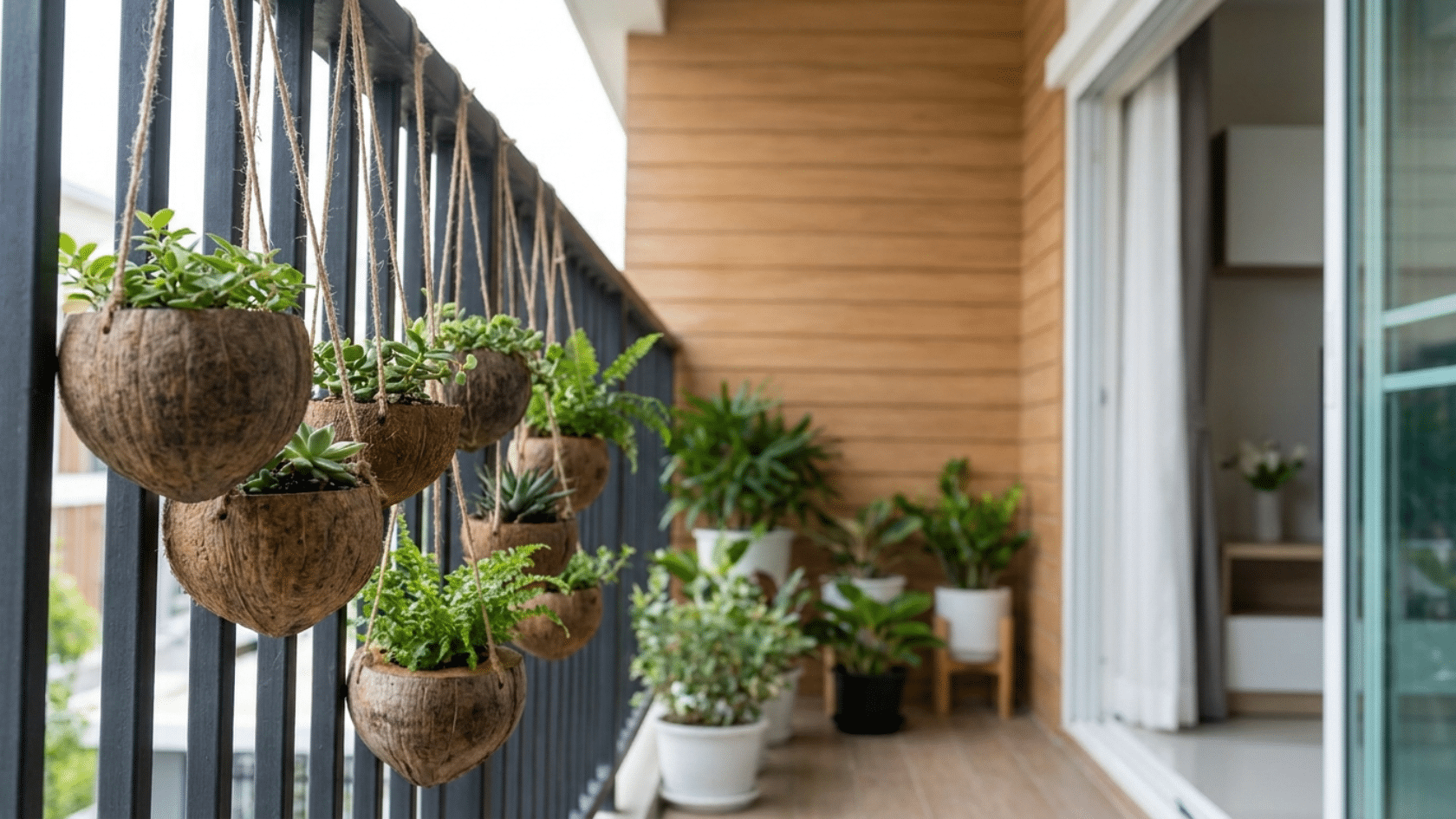 Hanging coconut shell planters with small plants arranged on a vertical balcony wall for container gardening