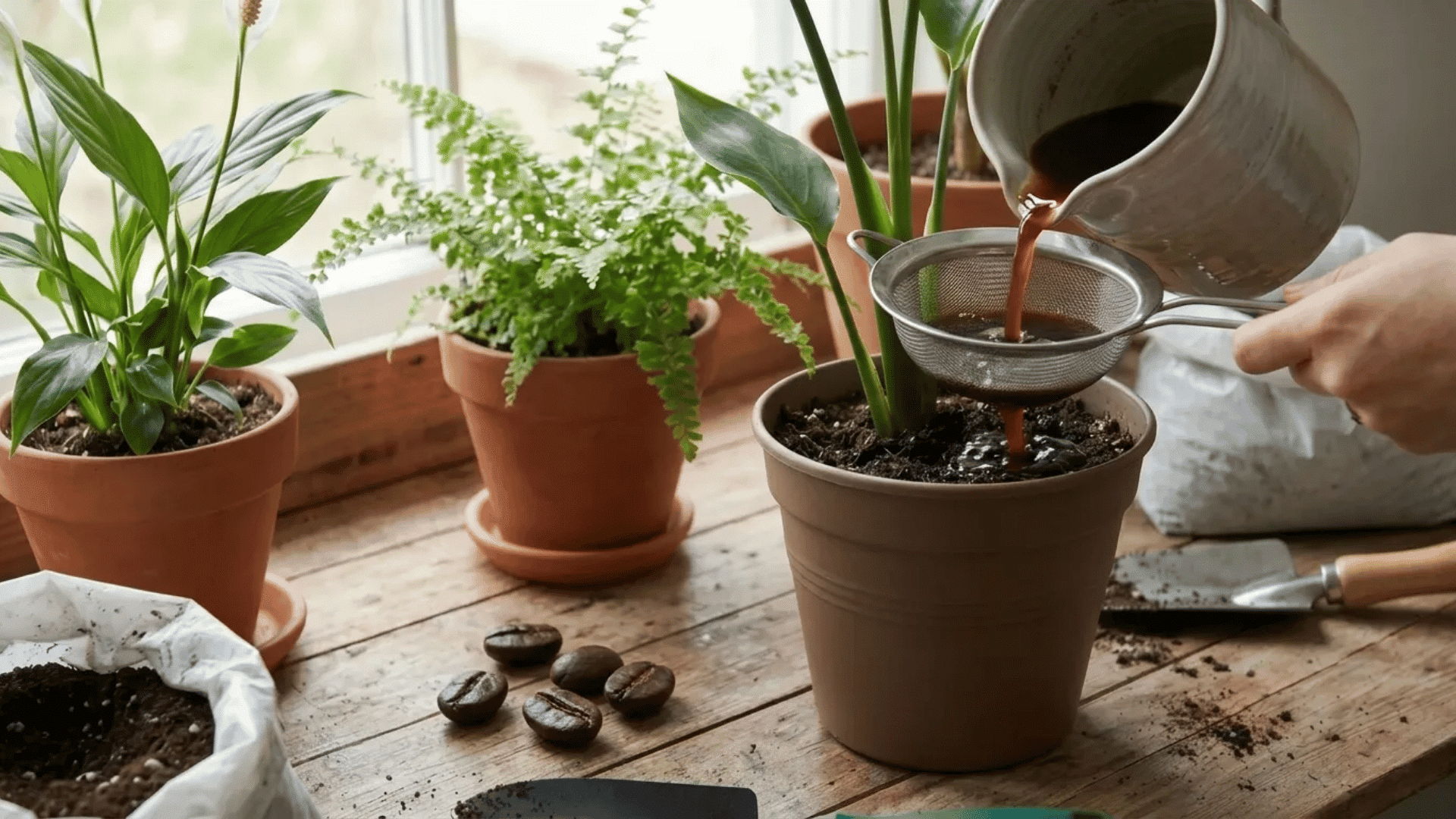 Coffee ground liquid being poured into soil beside fern and peace lily plants