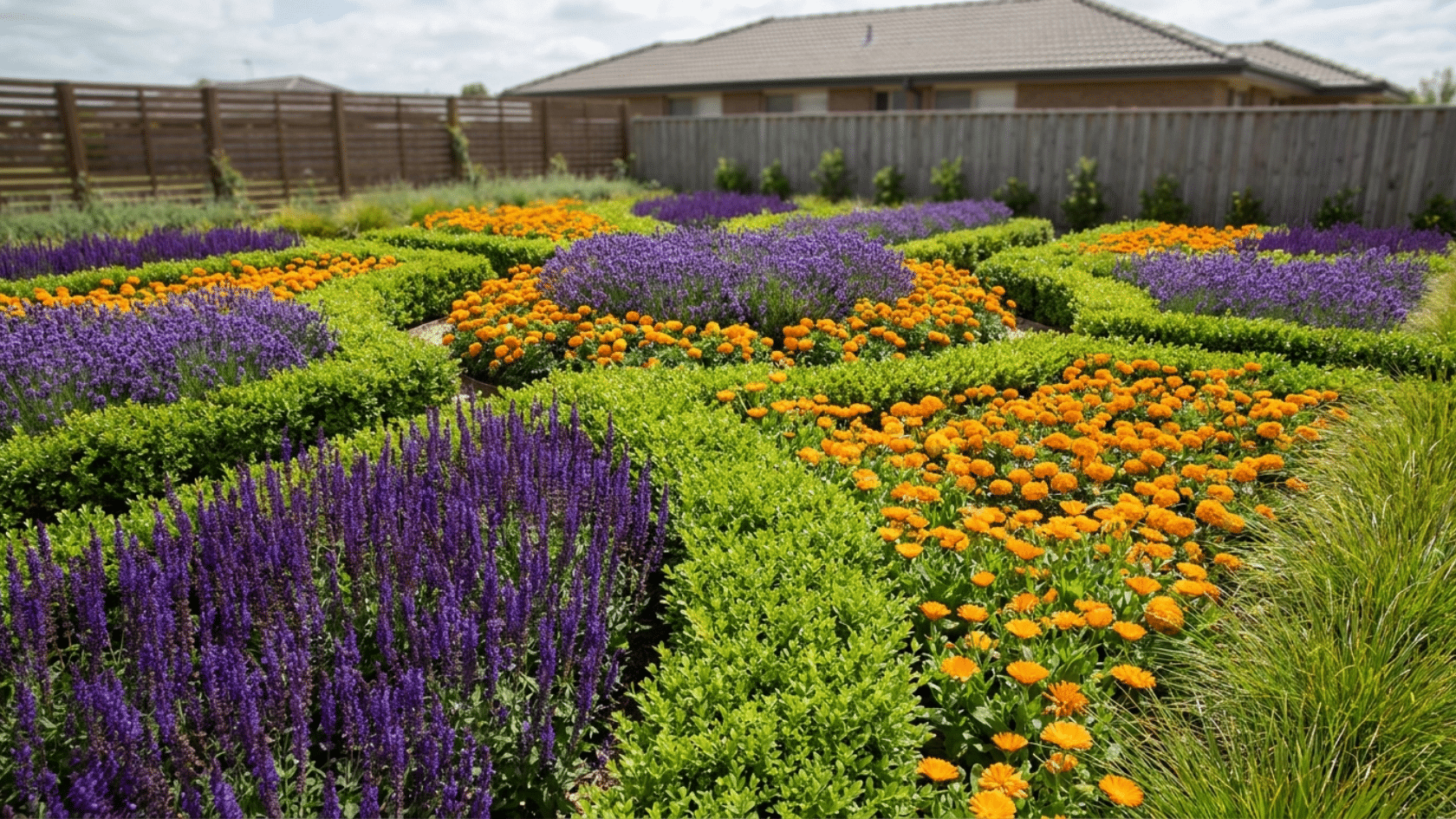 Flower garden ideas showing a color-blocked garden bed with solid drifts of purple salvia and orange marigolds separated by a strip of green foliage.