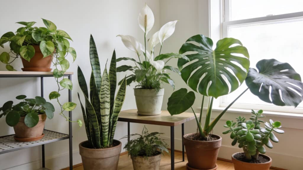 Pothos, snake plant, peace lily, monstera, and jade plant, popular common house plants, grouped indoors