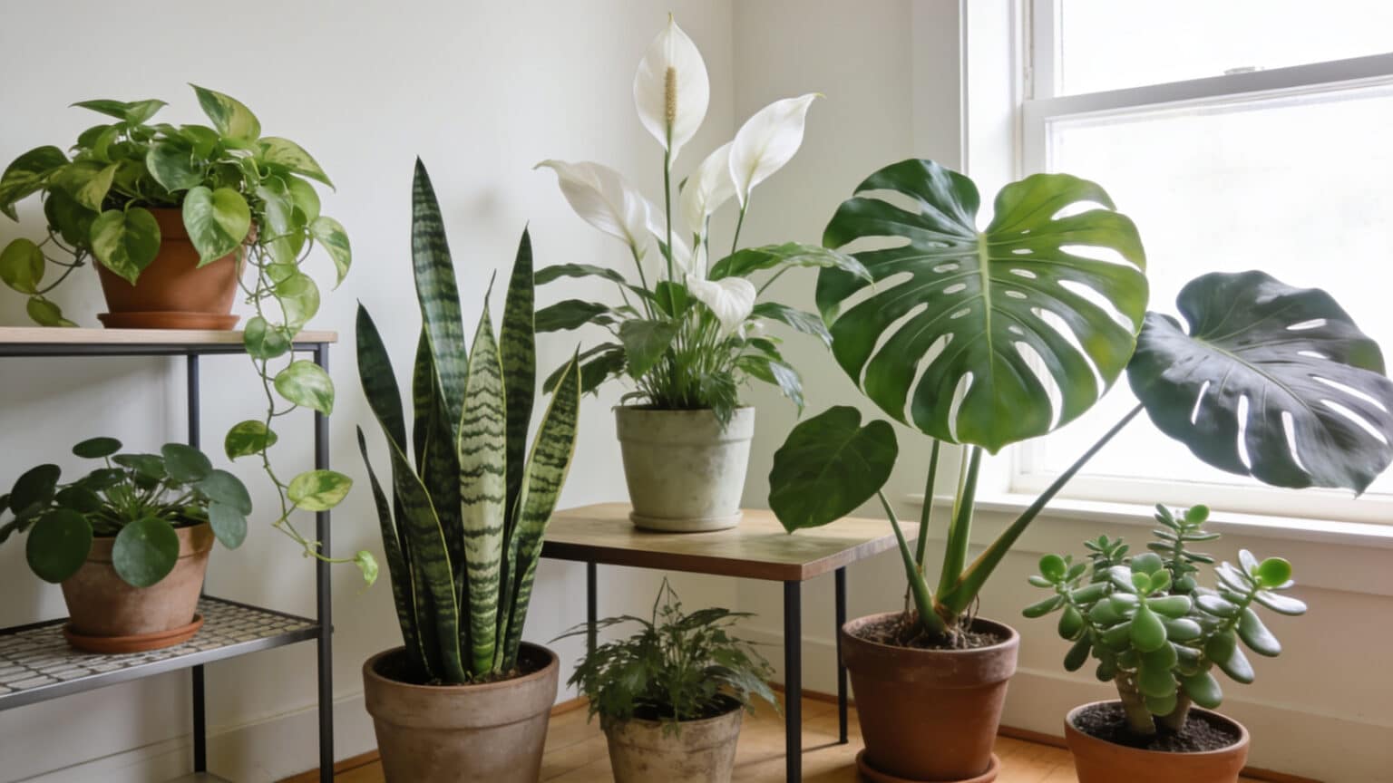Pothos, snake plant, peace lily, monstera, and jade plant, popular common house plants, grouped indoors