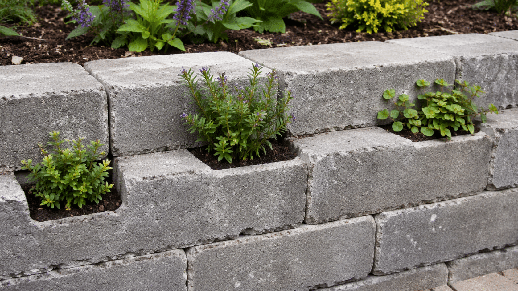 Concrete block wall with small plants growing in gaps between blocks as a container gardening idea
