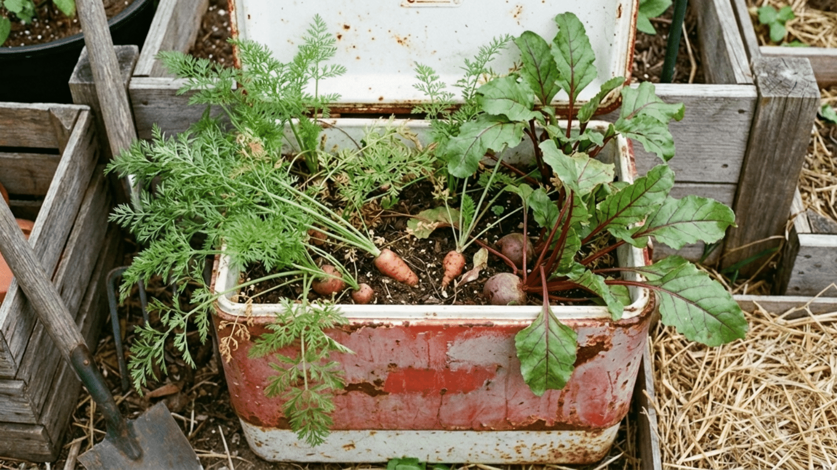 Container gardening in a repurposed metal cooler used as a planter with carrots, beetroot, and leafy greens growing in soil