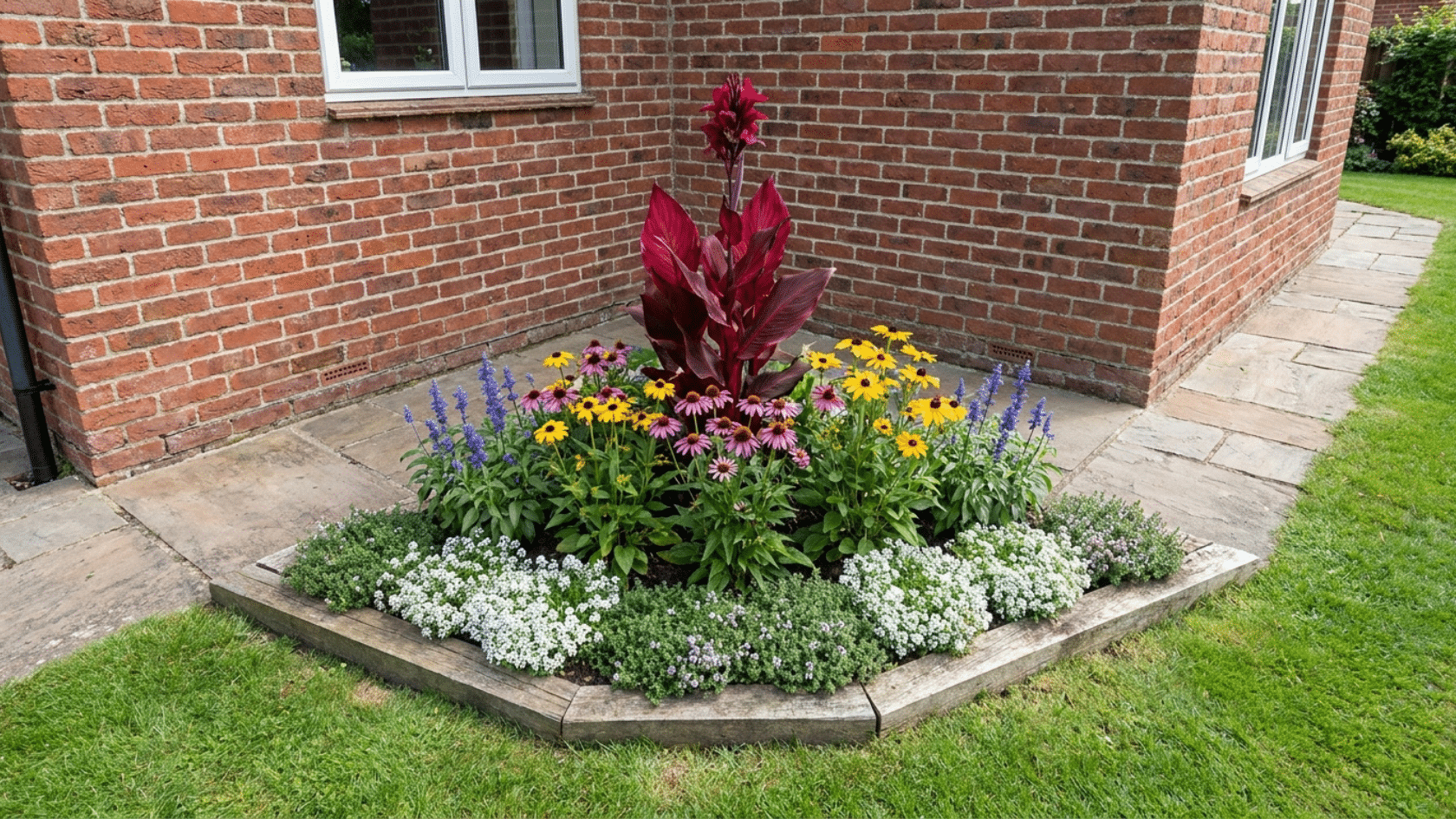 Flower garden ideas showing a triangular corner bed against a house exterior with a tall anchor plant at the innermost point and flowers fanning outward.