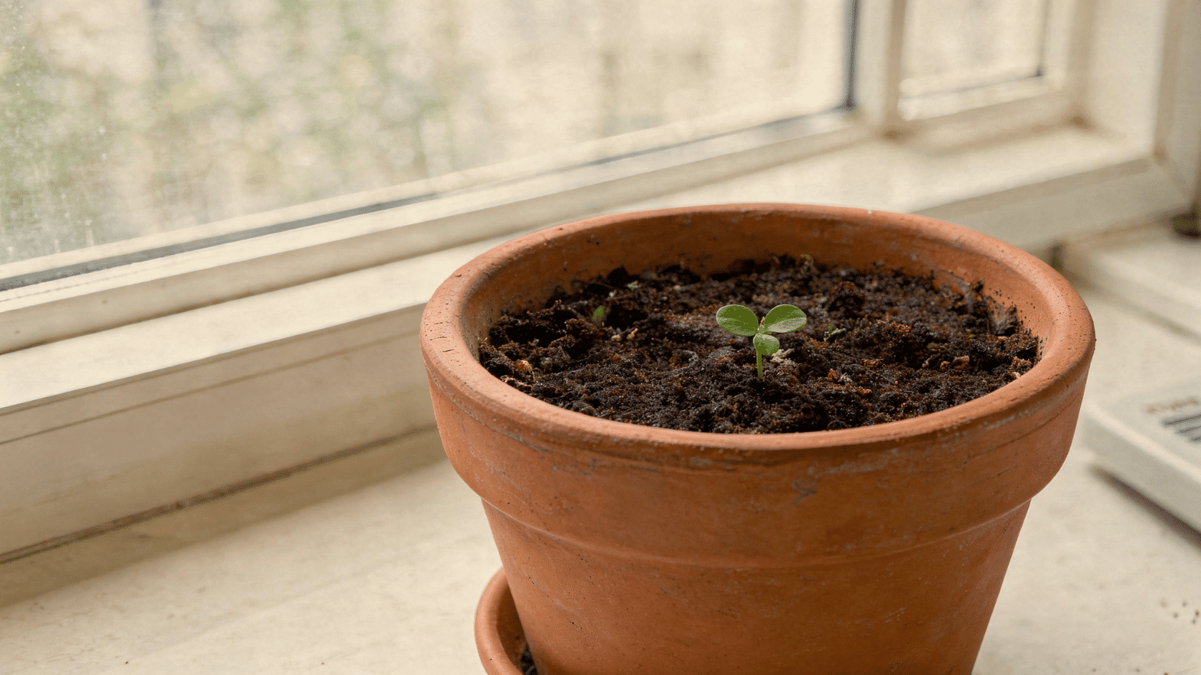 Cosmos seedlings in a tray near a window with a grow light above them