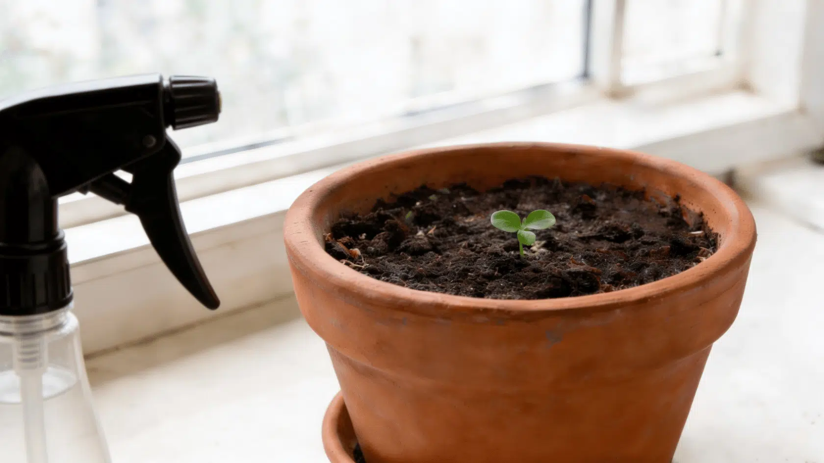 Cosmos seedlings in a small container with dry topsoil and a misting bottle nearby